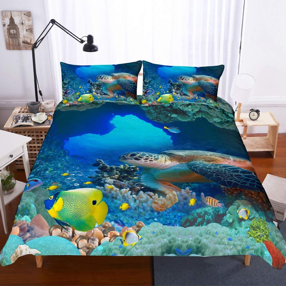 REALIN Marine Animals Duvet Cover Set - Sea Turtles, Penguin, Dolphin, Tropical Fish & Coral Print Bedding for Kids & Adults | 2-4PC Microfiber Quilt Cover with Sheet & Pillow Shams | Twin/Full/Queen/King Size | Perfect for Beach Themed Bedrooms & Ocean Lovers