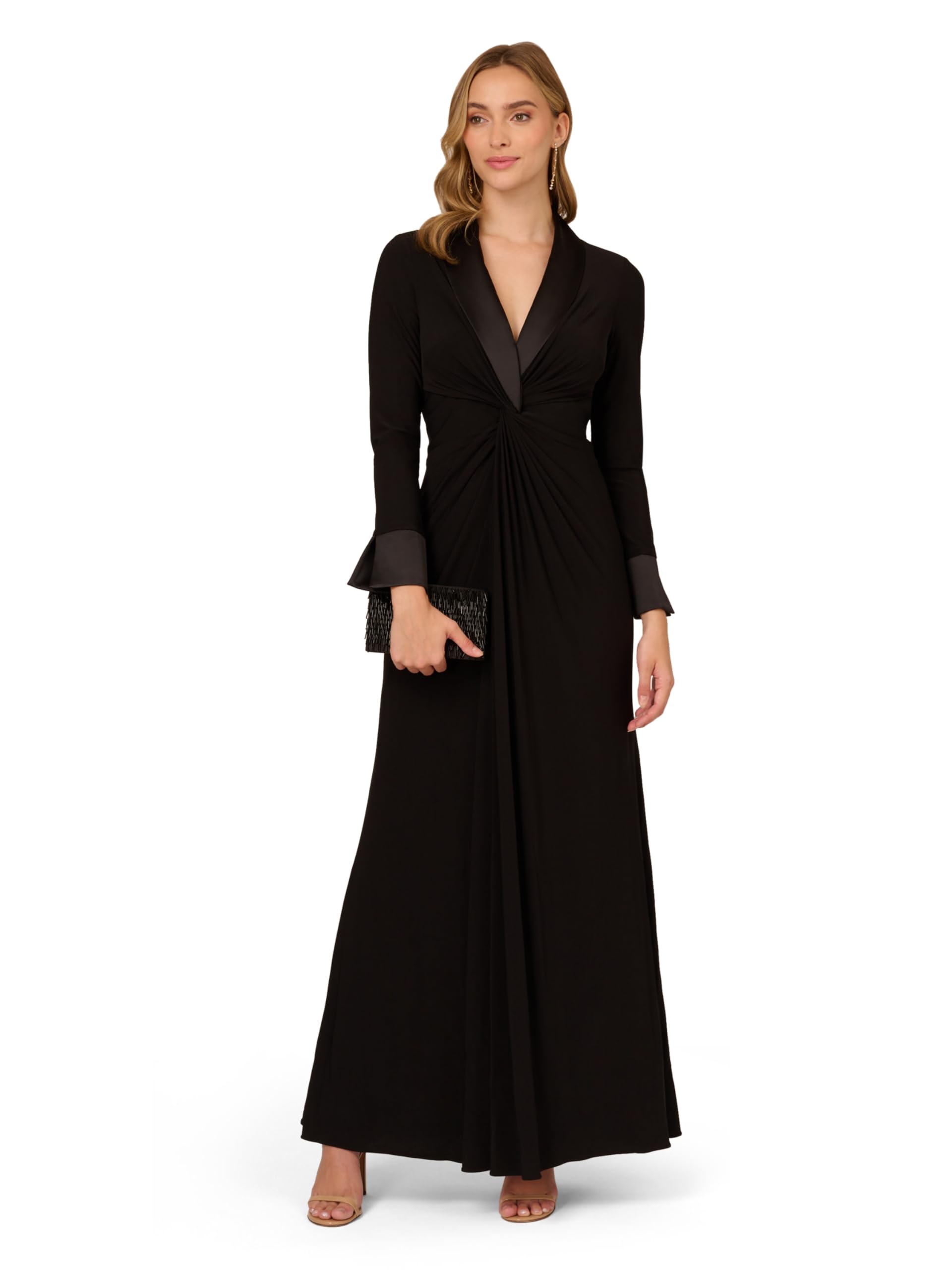 Adrianna Papell Women's Elegant Jersey Twist Tuxedo Gown - Formal Evening Dress for Prom, Black Tie Events & Special Occasions