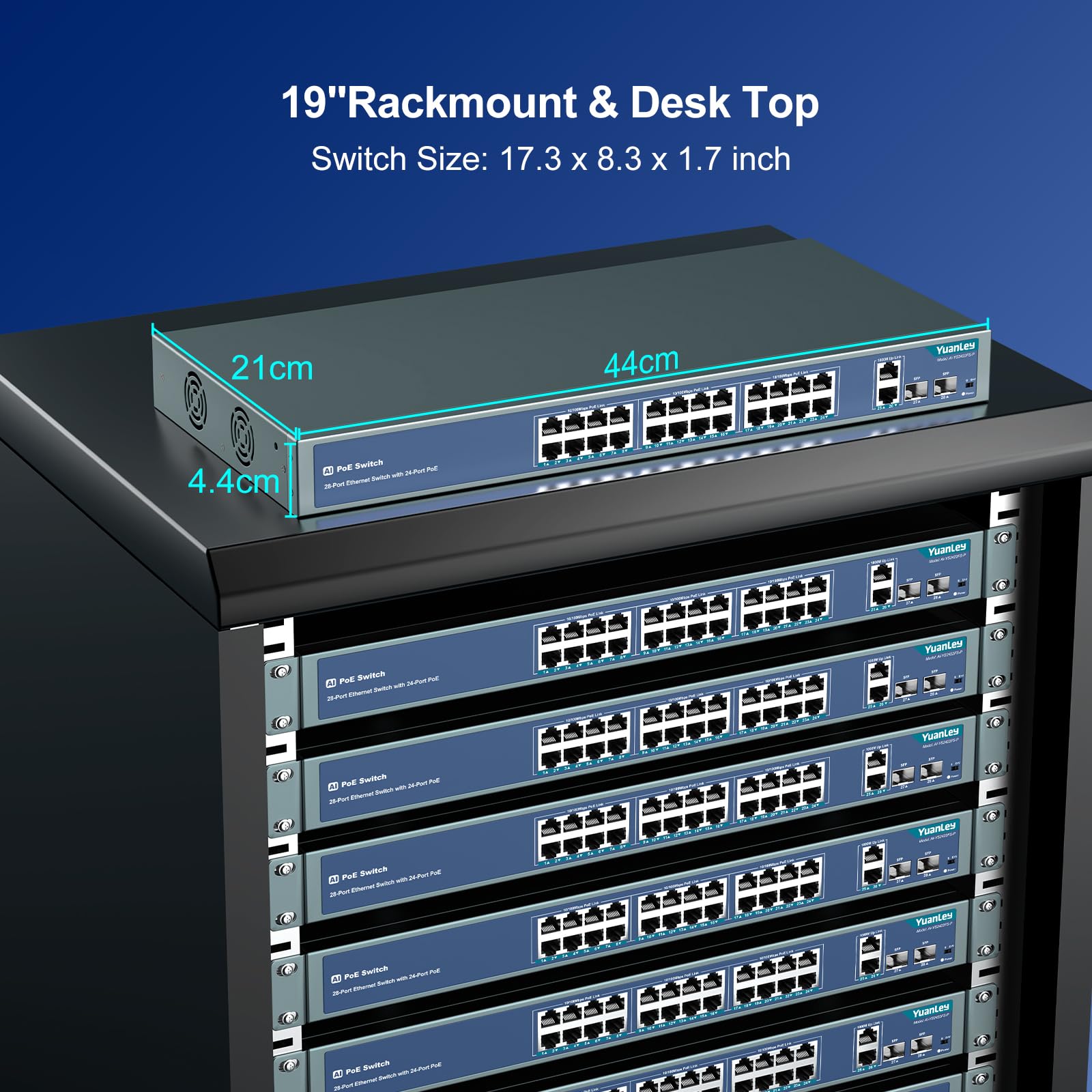 YuanLey 24 Port PoE+ Gigabit Ethernet Switch with 2 SFP Ports, 400W Power, 802.3af/at Compliant, Unmanaged Network Switch with AI Watchdog, VLAN Support, 250m Extended Range, Rack Mountable - Ideal for Office, Warehouse & Security Camera Systems