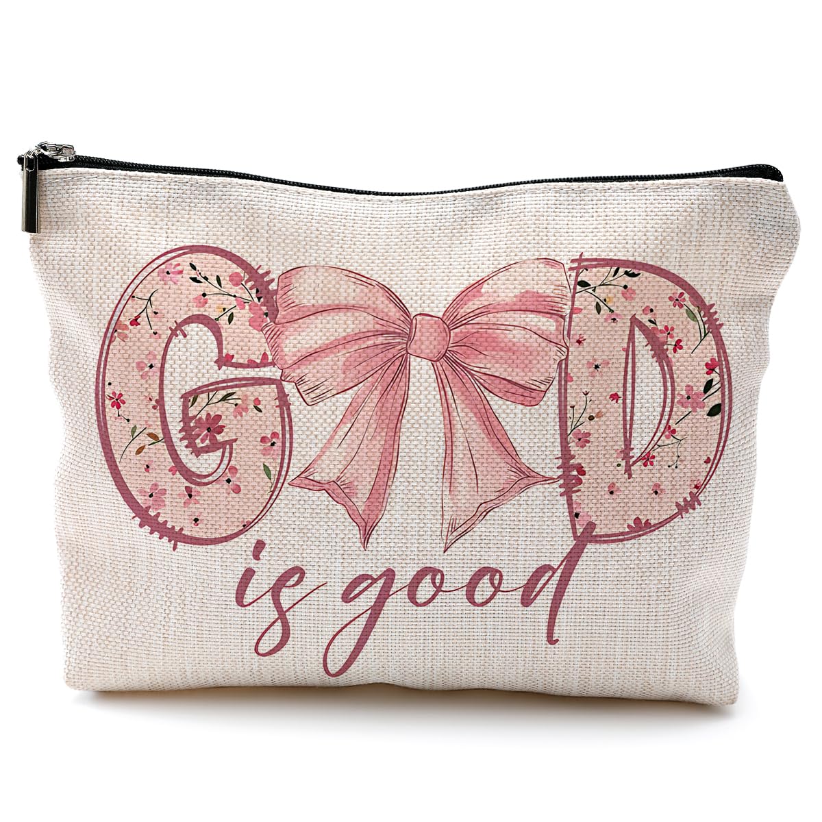 God is Good Makeup Bag - Coquette Pink Bow Cosmetic Case for Women | Christian Gifts, Cute Preppy Makeup Pouch | Perfect for Travel, Church, Bridal Showers & Birthday Presents