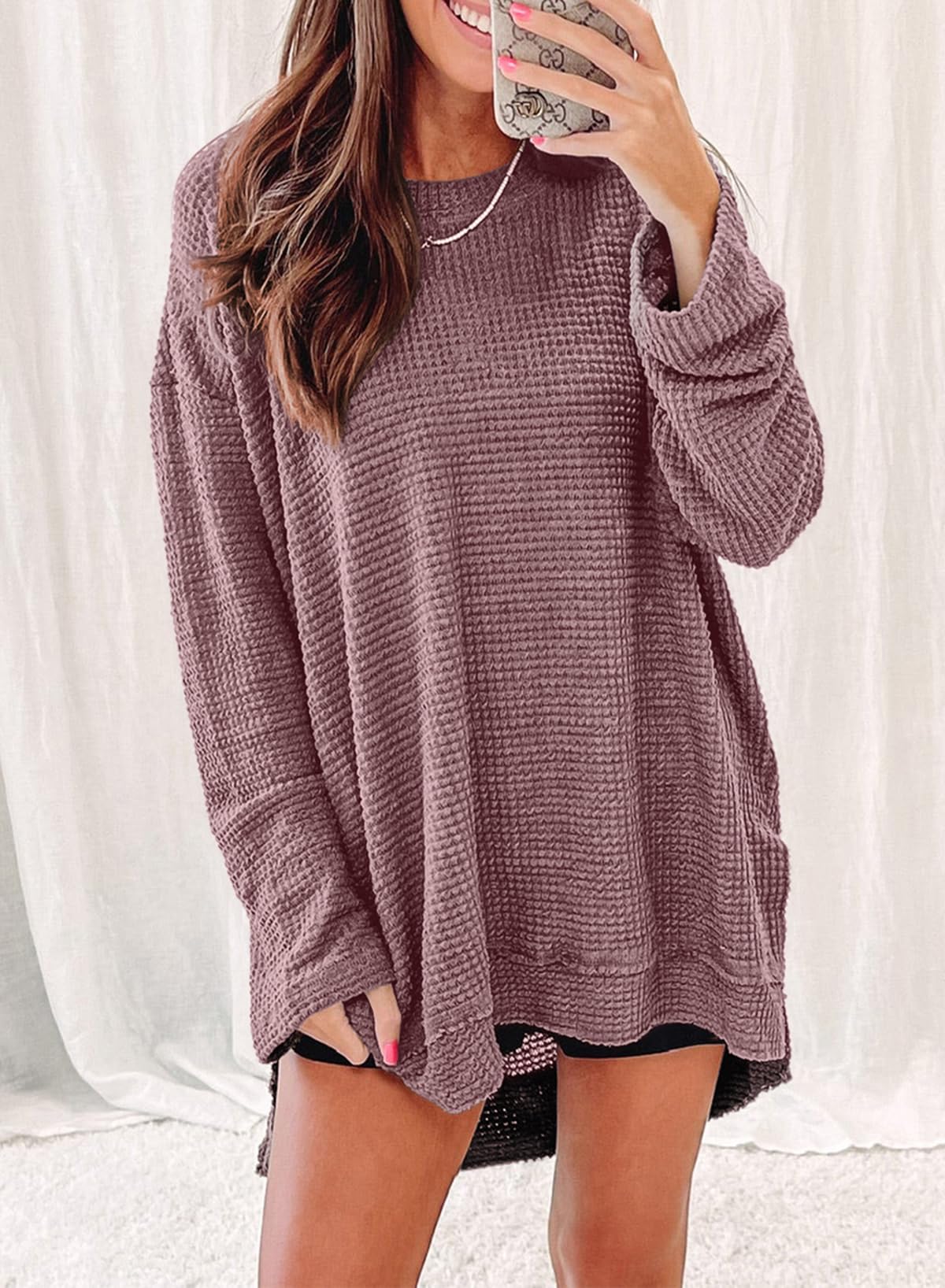 SHEWIN Women's Oversized Long Sleeve Crewneck Sweatshirt - Waffle Knit Spring Top for Casual Wear & Layering 2025 | Perfect for Everyday Outfits, Lounge Wear, and Seasonal Fashion