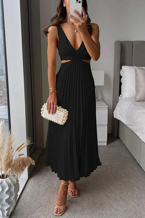 Elegant Summer Floral Print Pleated Cutout Waist Loose Midi Dress for Women - Perfect for Beach Vacations, Garden Parties & Casual Outings