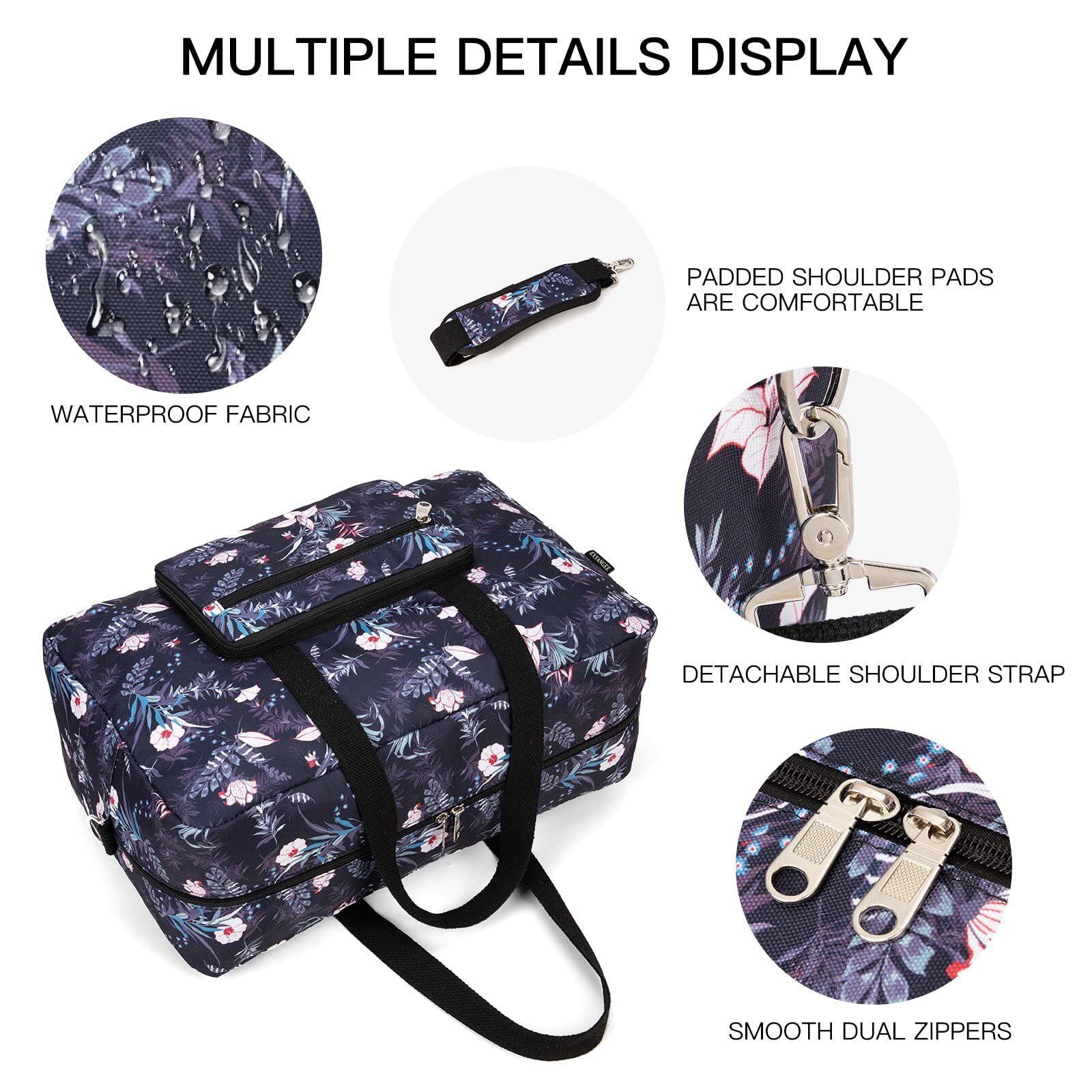 Foldable Travel Duffel Bag for Women - Medium Weekender Overnight Carry On Luggage with Black Floral Pattern | Perfect for Gym, Beach Trips & Weekend Getaways