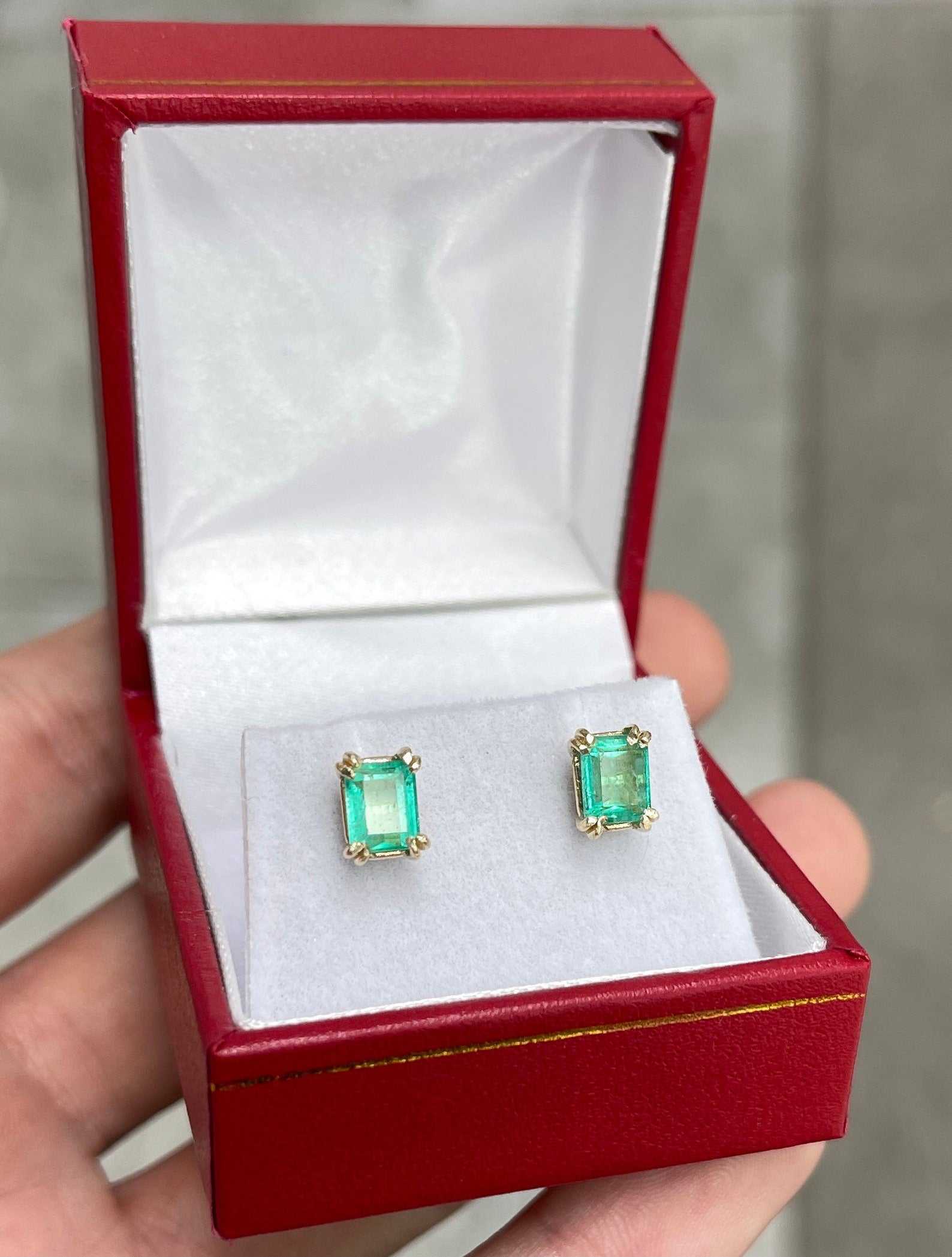 14K Gold Medium Green Colombian Emerald Stud Earrings - 1.62tcw Double Prong Setting for Women, Perfect for Weddings, Parties & Special Occasions