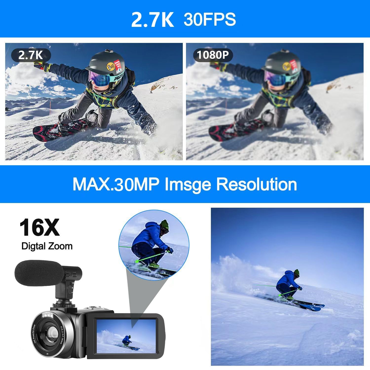 2.7K HD Camcorder - 30MP 30FPS Vlogging Camera with 3