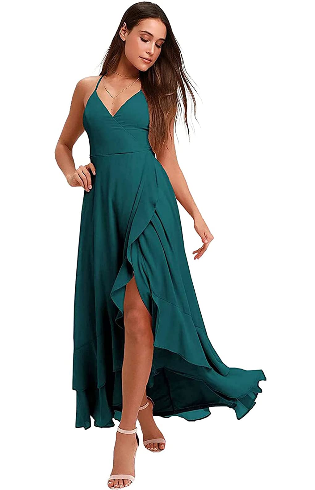 Clovile Women's Boho Bridesmaid Dresses - Elegant Slit Chiffon Ruffles High Low Formal Party Gown for Weddings, Prom & Evening Events