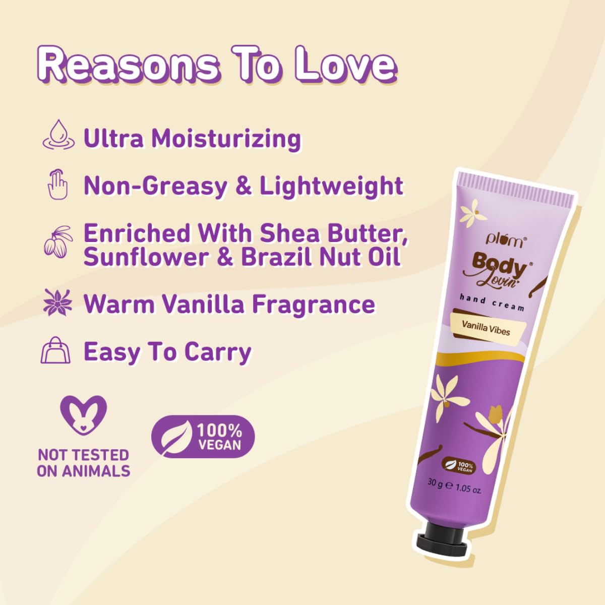 Plum BodyLovin' Vanilla Vibes Hand Cream - Ultra Moisturizing Shea Butter Formula | Non-Greasy, Lightweight & Travel-Sized (30g) | Warm Vanilla Scented Hand Lotion for Dry Skin Care | Perfect for Office, Travel & Daily Hydration