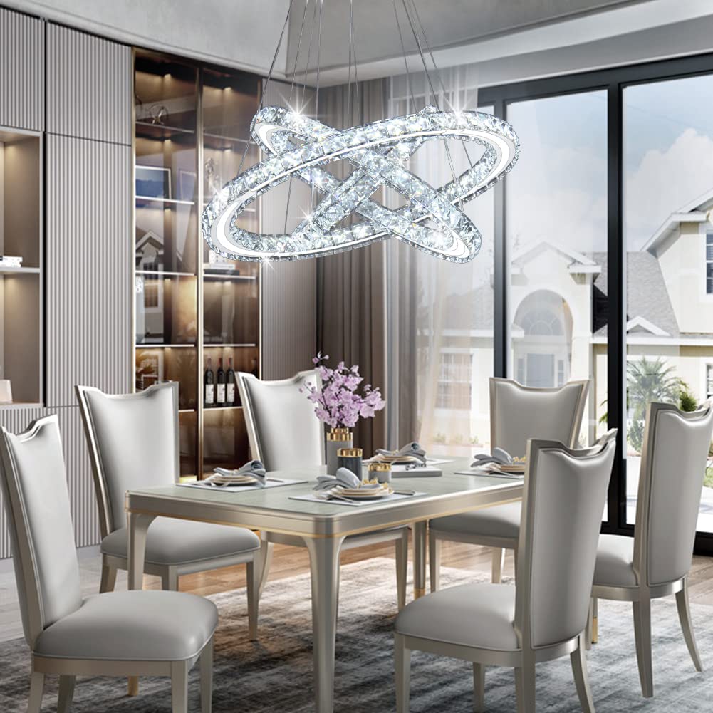 Modern LED Crystal Chandelier - 3 Ring Adjustable Ceiling Light Fixture with Cool White LEDs for Living Room, Dining Room, Bedroom & Hallway | Elegant Home Lighting for Parties, Weddings & Interior Decor