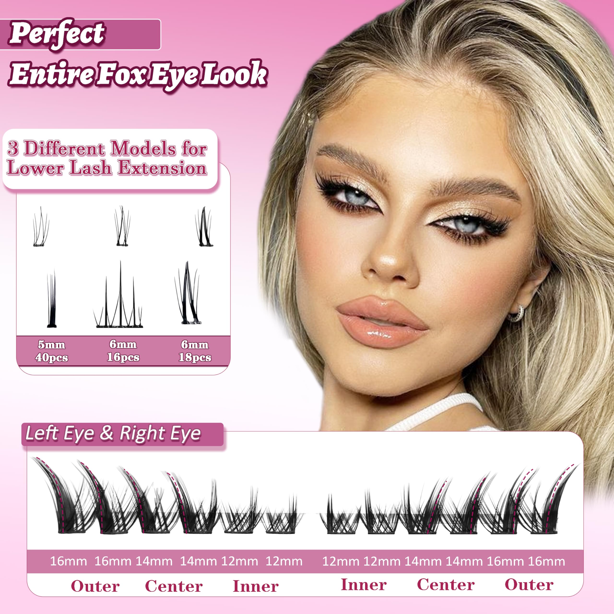 Fluffy Fox Eye Lashes - 158 PCS C Curl False Eyelashes Clusters with Bottom Lashes for Cat Eye & Manga Look | DIY Individual Eyelash Extensions Kit for Home Use | Perfect for Parties, Weddings & Special Occasions