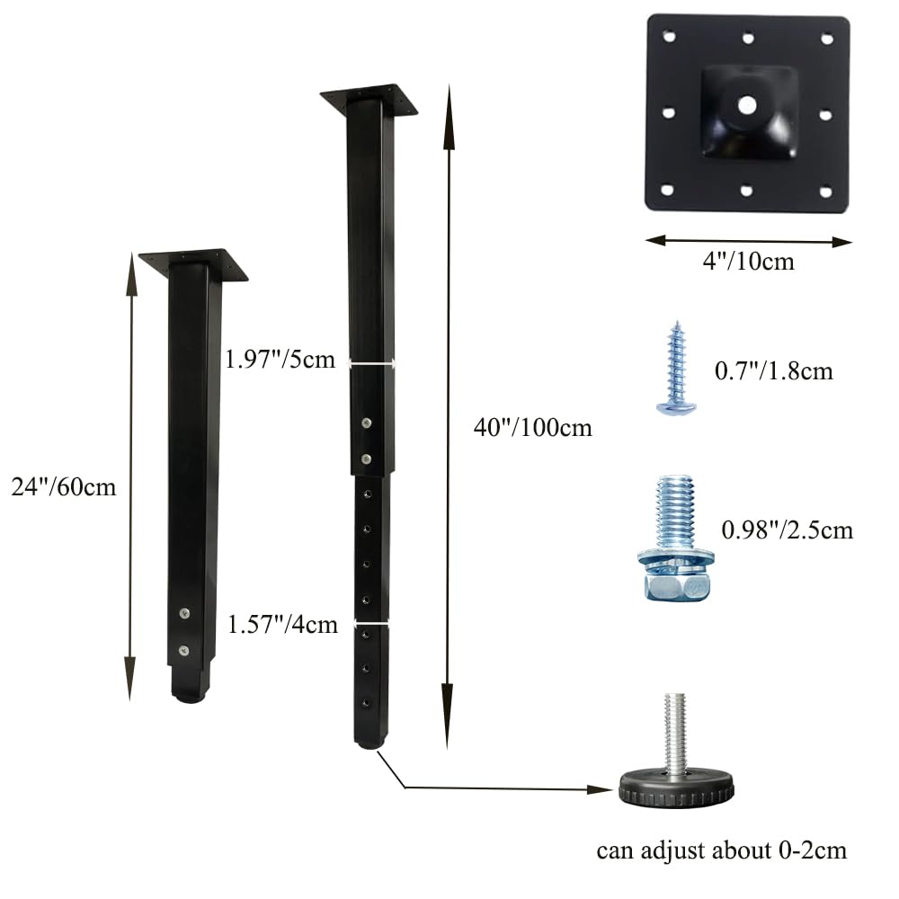 Adjustable Table Legs 24-40 Inch (60-100 cm) - Heavy Duty Metal Desk Legs with Screws - Square Furniture Legs for DIY Desk, Dining Table, Workbench - Set of 4 Black - Perfect for Home Office, Study Room & Workshop