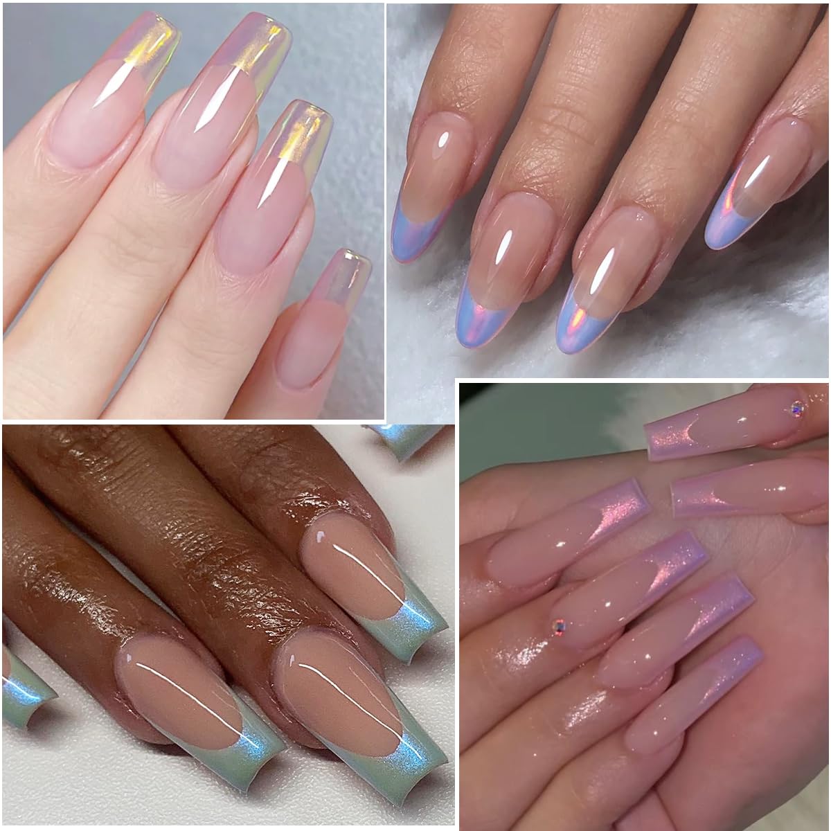 6 Colors Translucent Chrome Nail Powder Set with French Tip Stickers - Iridescent Mermaid Nail Glitter for Summer Manicures | DIY Nail Art Supplies for Women, Perfect for Parties, Weddings & Beach Vacations