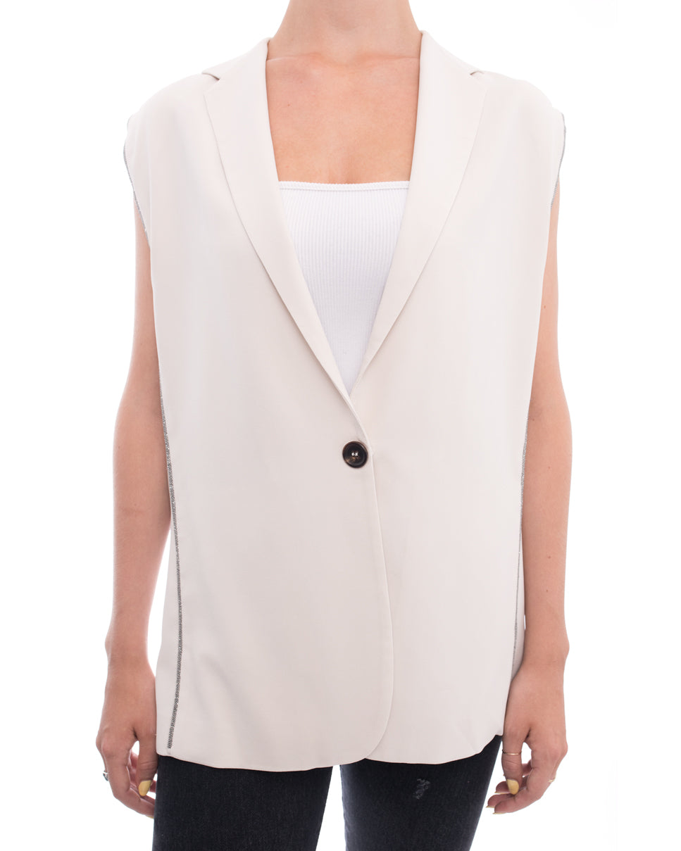 Brunello Cucinelli Off White Chain Bead Trim Vest for Women | Luxury Knit Cardigan | Perfect for Office Wear & Evening Outfits