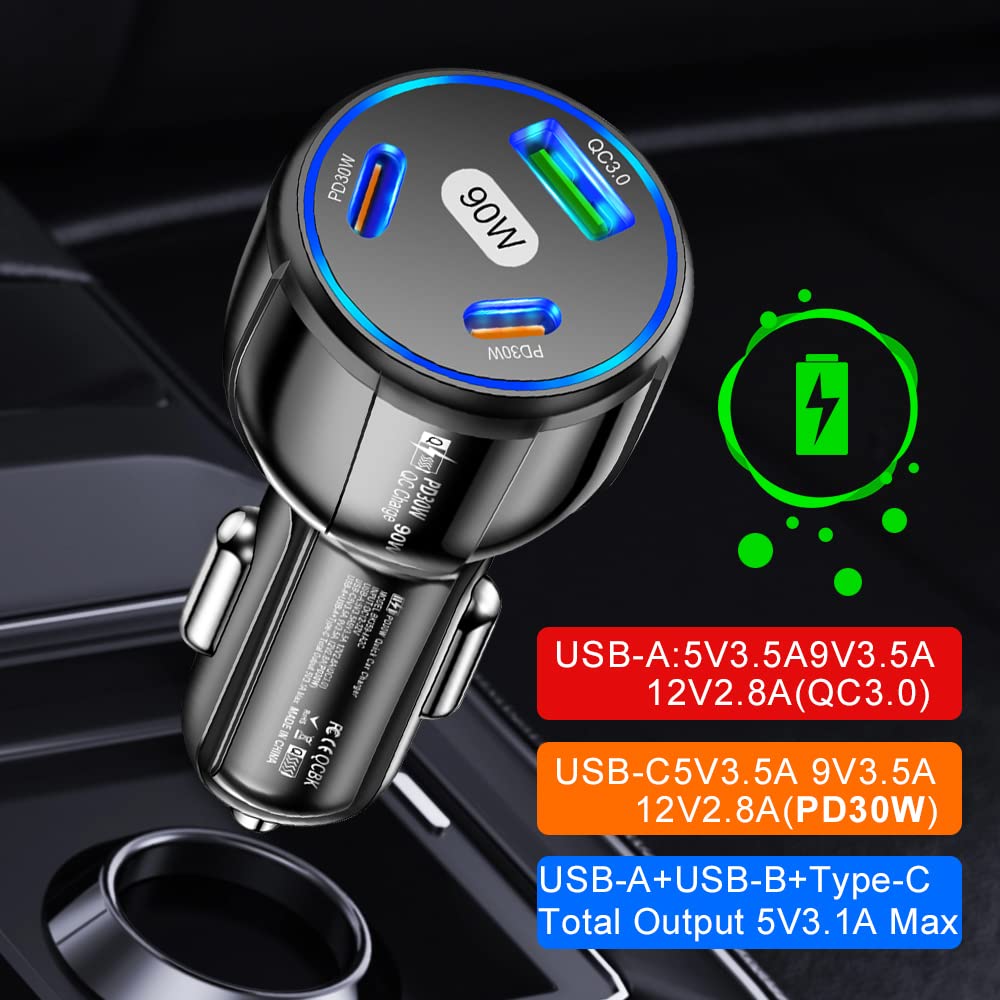 90W USB C Car Charger with QC3.0 & PD30W Fast Charging - 3-Port High Power Cigarette Lighter Adapter for iPhone 15/14/13 Pro Max, Samsung Galaxy, All Smartphones (Black) - Perfect for Road Trips, Commuting & Travel Charging Needs