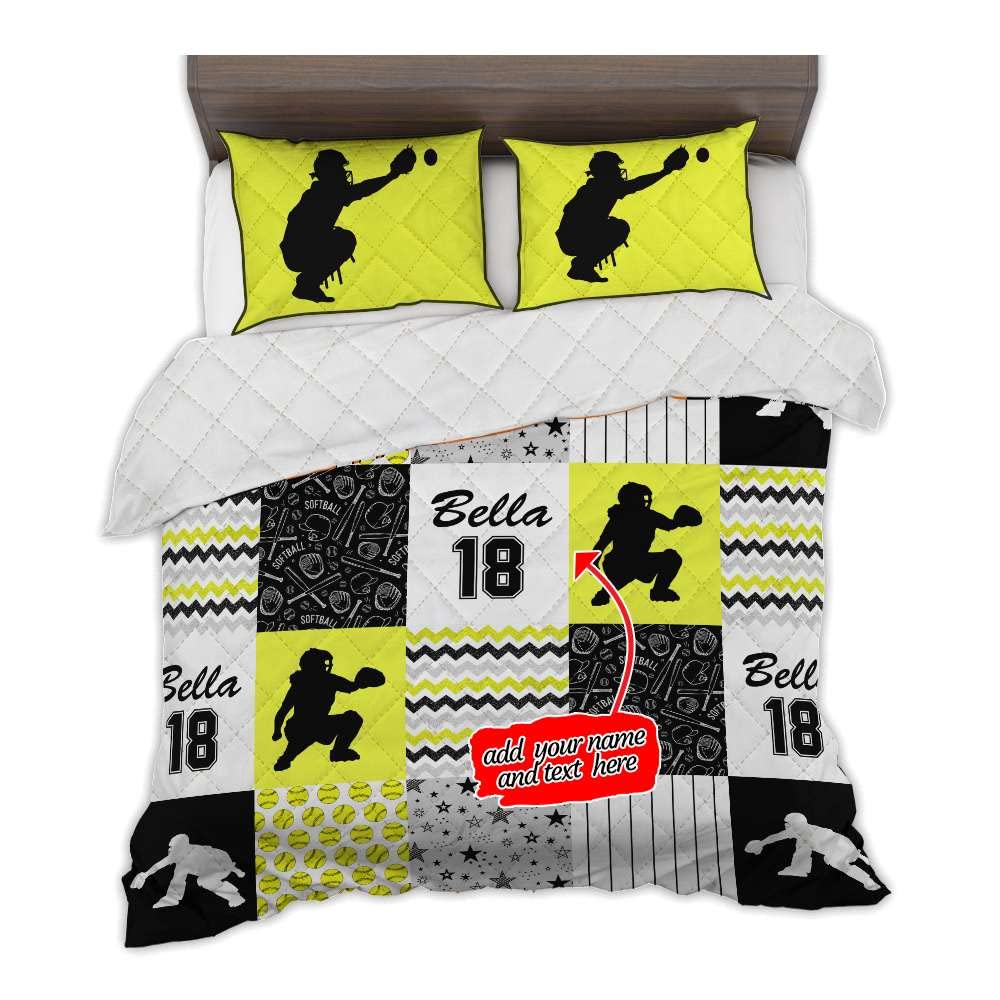 Custom Softball Pattern Catcher Quilt Set - Personalized Boys Girls Baseball Bedding, Full Size Comforter, Funny & Comfy Bed Set (Yellow, King 91