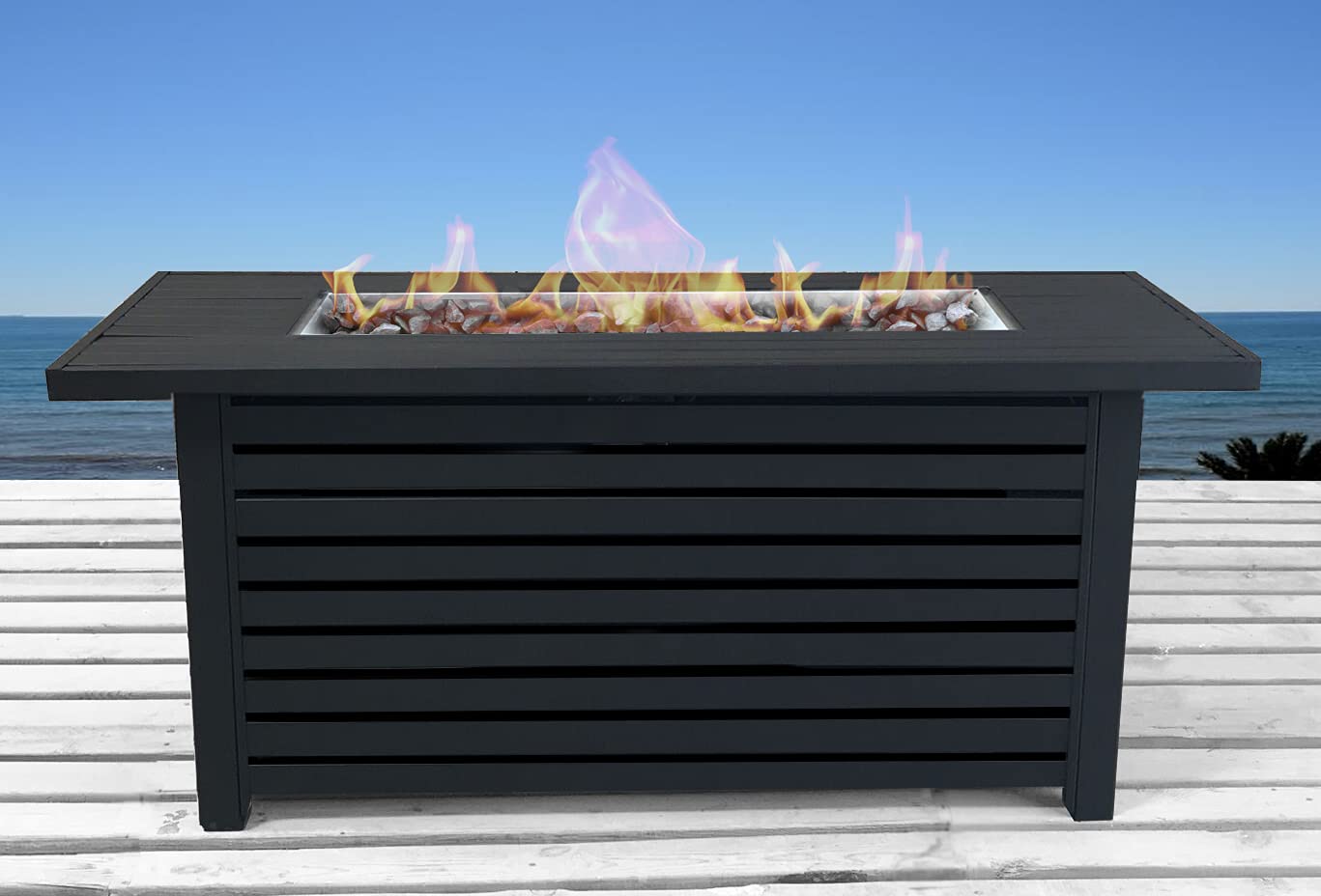 Bridgeport 54-Inch Black Rectangle Steel Propane Fire Pit Table - Outdoor Home Garden Backyard Fireplace for Patio, Deck, and Poolside Gatherings