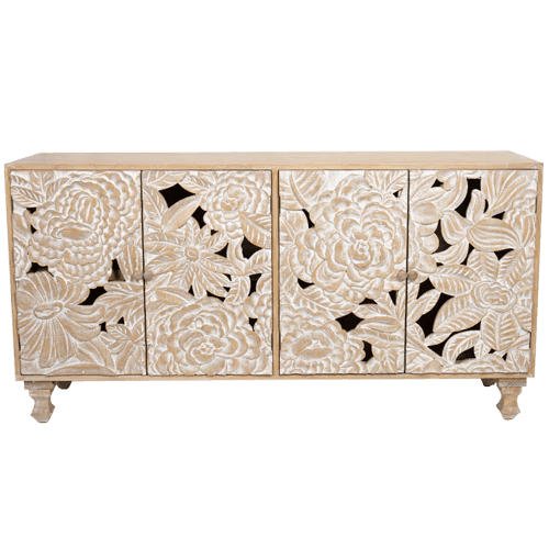 Hand Carved Large Floral Wood Sideboard Cabinet - Rustic Farmhouse Buffet Storage for Dining Room & Living Room