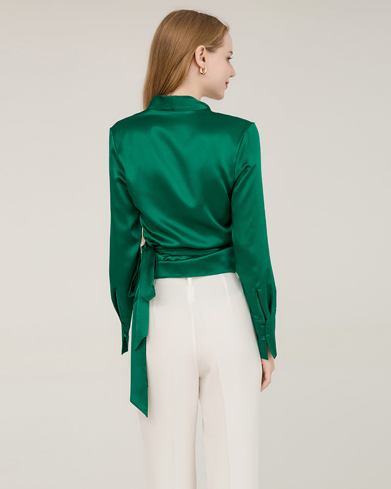 Elegant Fitted Silk Wrap Blouse for Women - Soft & Luxurious Long Sleeve Shirt - Perfect for Office, Date Night & Special Occasions