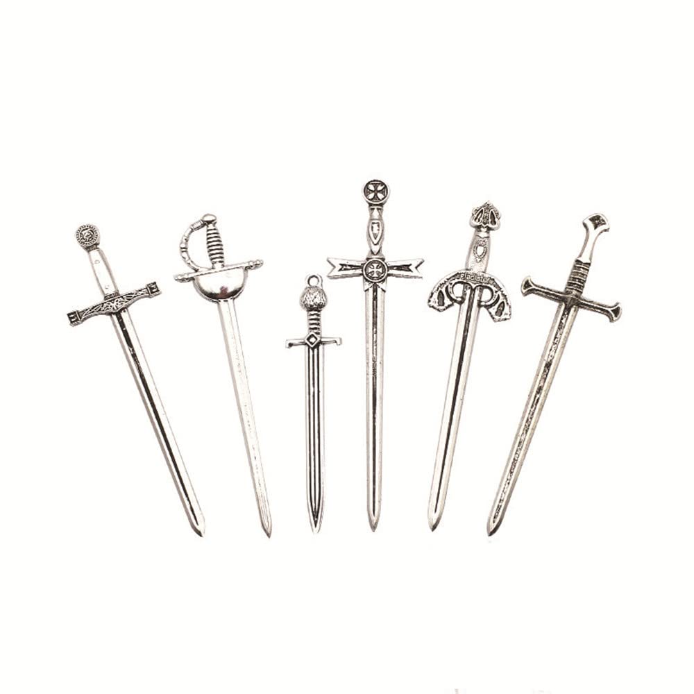 6Pcs Tibetan Silver Antique Sword Knife Charms - DIY Jewelry Making Supplies for Necklaces, Bracelets & Bookmarks - Perfect for Crafting, Gifts and Medieval Theme Accessories