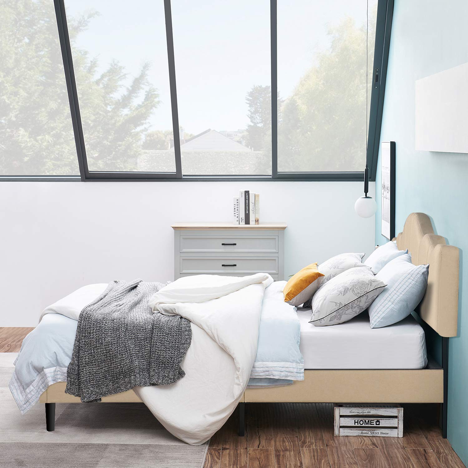VECELO Full Size Upholstered Platform Bed Frame with Adjustable Headboard - Sturdy Wood Slat Support, No Box Spring Required - Khaki Fabric - Perfect for Modern Bedrooms, Guest Rooms & Small Spaces