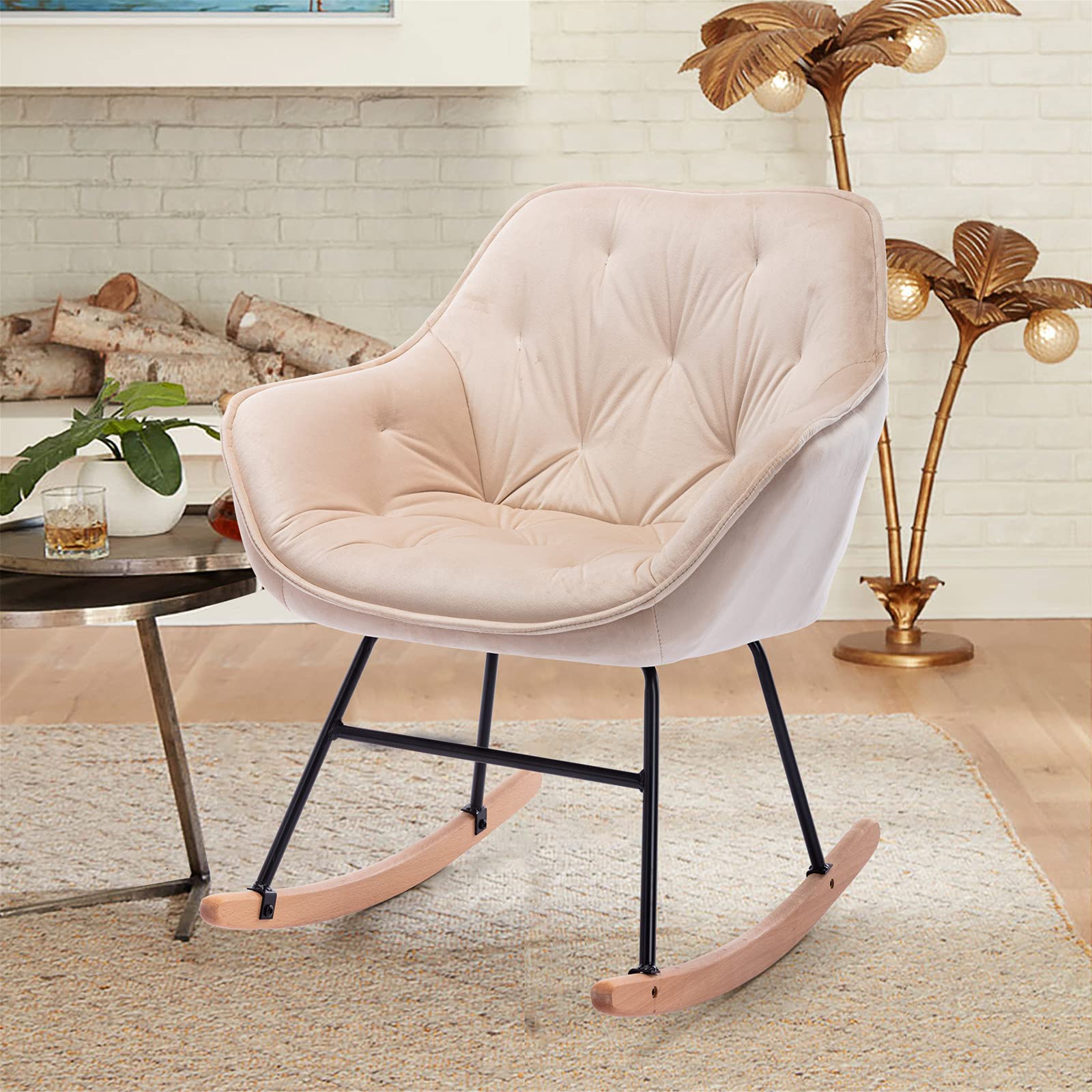 ZWMBYN Solid Wood Modern Velvet Tufted Rocking Armchair - Mid-Back Upholstered Accent Chair for Nursery, Living Room, Bedroom & Office - Beige | Perfect for Small Spaces, Reading Nooks & Relaxation