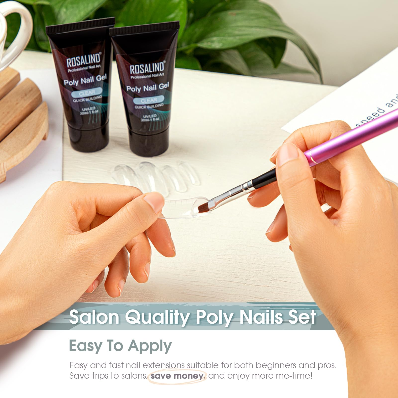 ROSALIND 30ml Acrylic Poly Nail Extension Gel Kit - 2 Pack Transparent Semi-Permanent Nail Gel with Brush & Nail Molds | DIY Nail Art for Beginners, Salon Quality Manicure at Home | Perfect for Wedding, Party & Everyday Nail Care