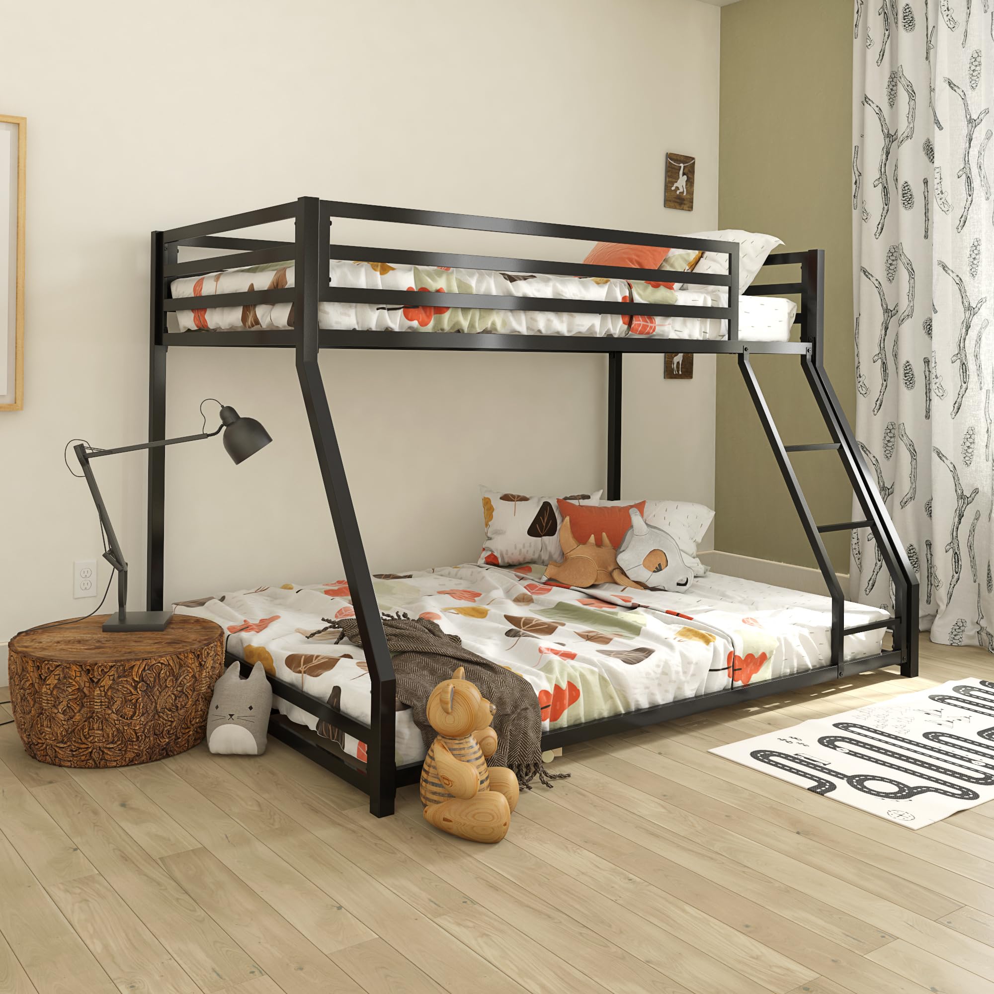 DHP Miles Low Metal Bunk Bed Frame for Kids - Twin Over Full Size with Built-in Ladder & High Guardrail | Sturdy Metal Slats Support, No Box Spring Needed | Space Saving Solution for Small Rooms | Perfect for Kids' Bedrooms, Guest Rooms & Vacation Homes (Black)