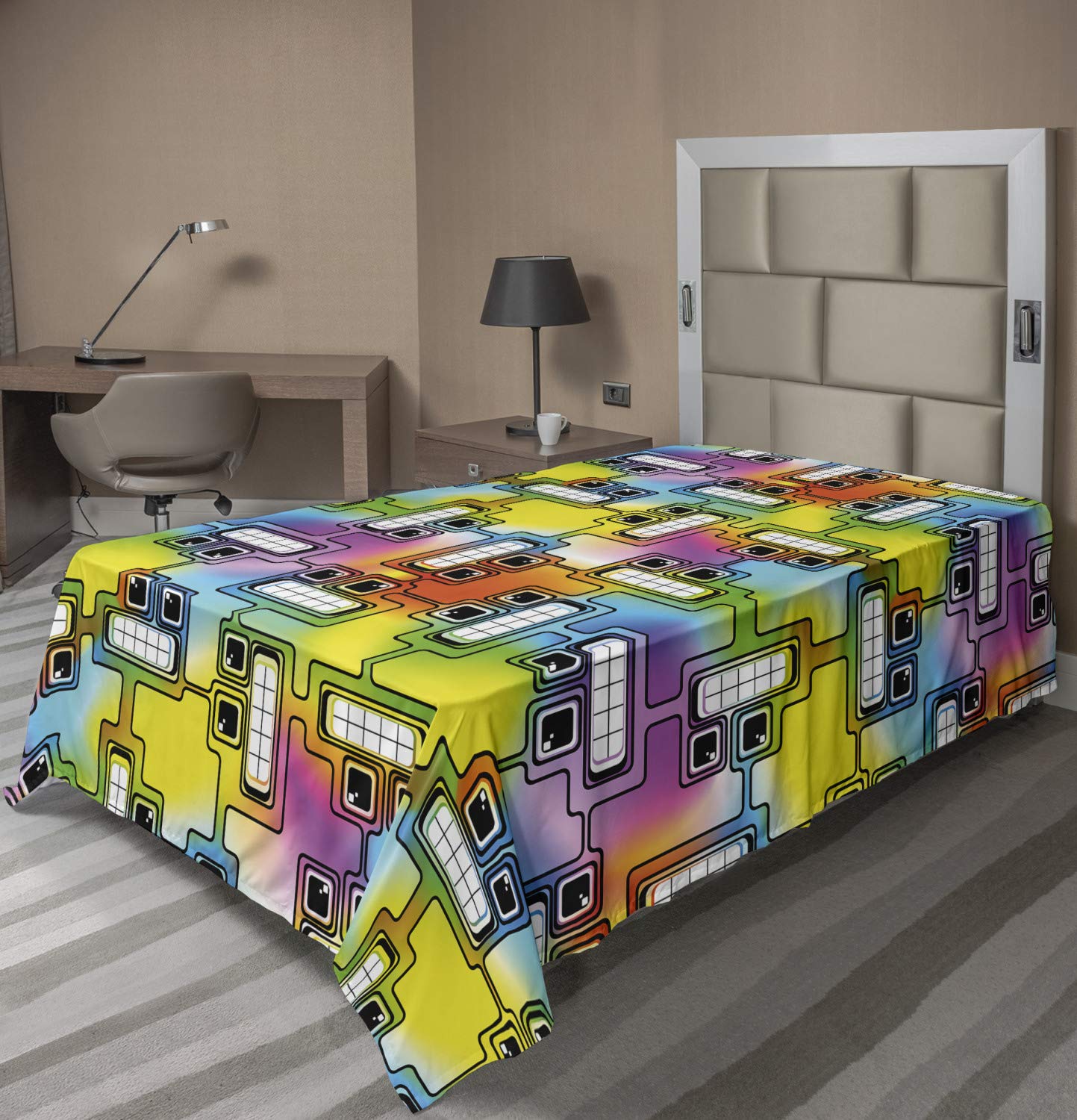 Ambesonne Colorful Twin Size Flat Sheet - Hippie Digital Fun Characters with Eyes & Teeth Video Game Artwork Pattern | Soft, Comfortable Top Sheet for Decorative Bedding | Perfect for Kids Rooms, Dorm Decor & Themed Bedrooms