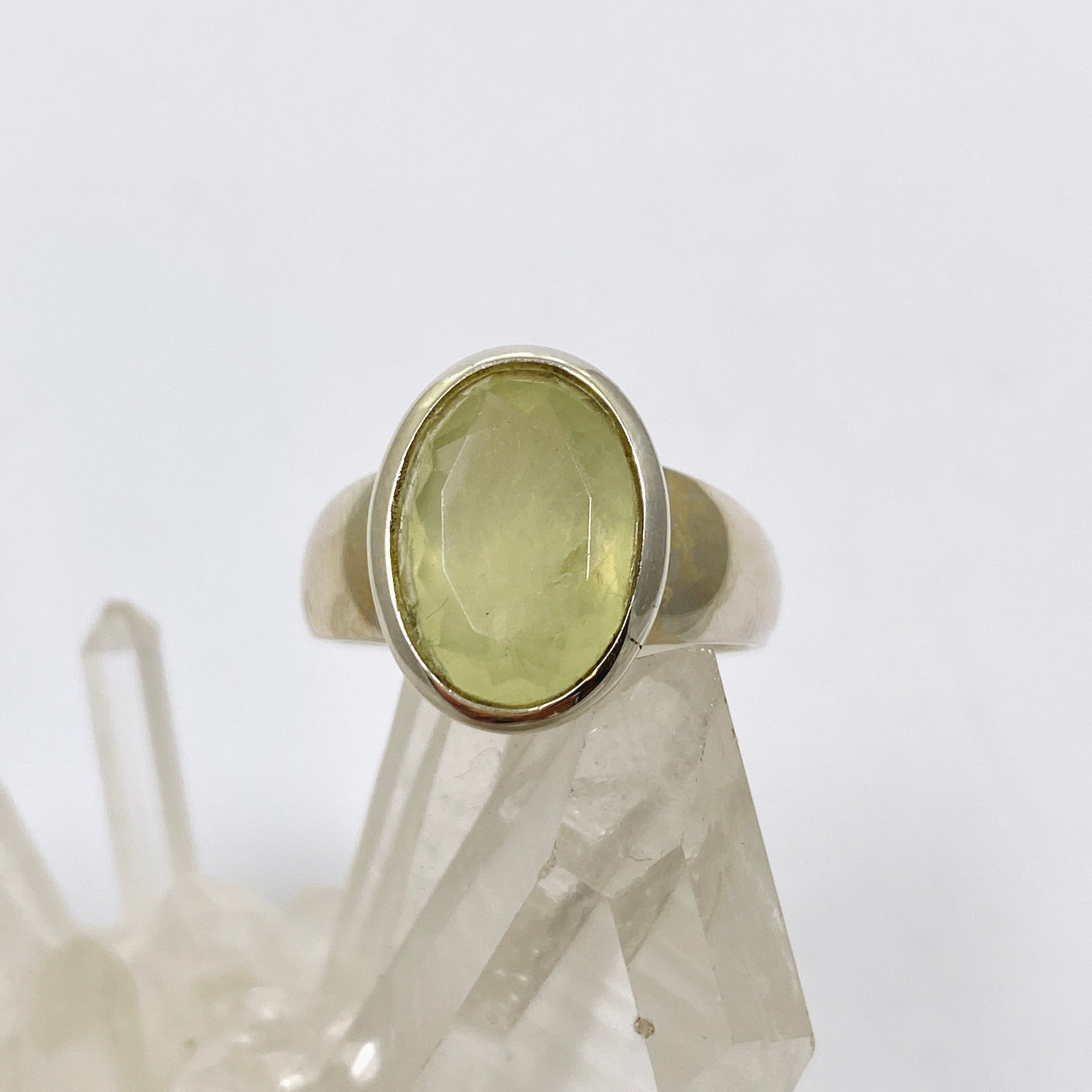 Prehnite Oval Faceted Ring Size 6.5 - Dainty Green Gemstone Jewelry for Women, Handmade Sterling Silver Engagement Ring - Perfect for Weddings, Anniversaries & Special Occasions