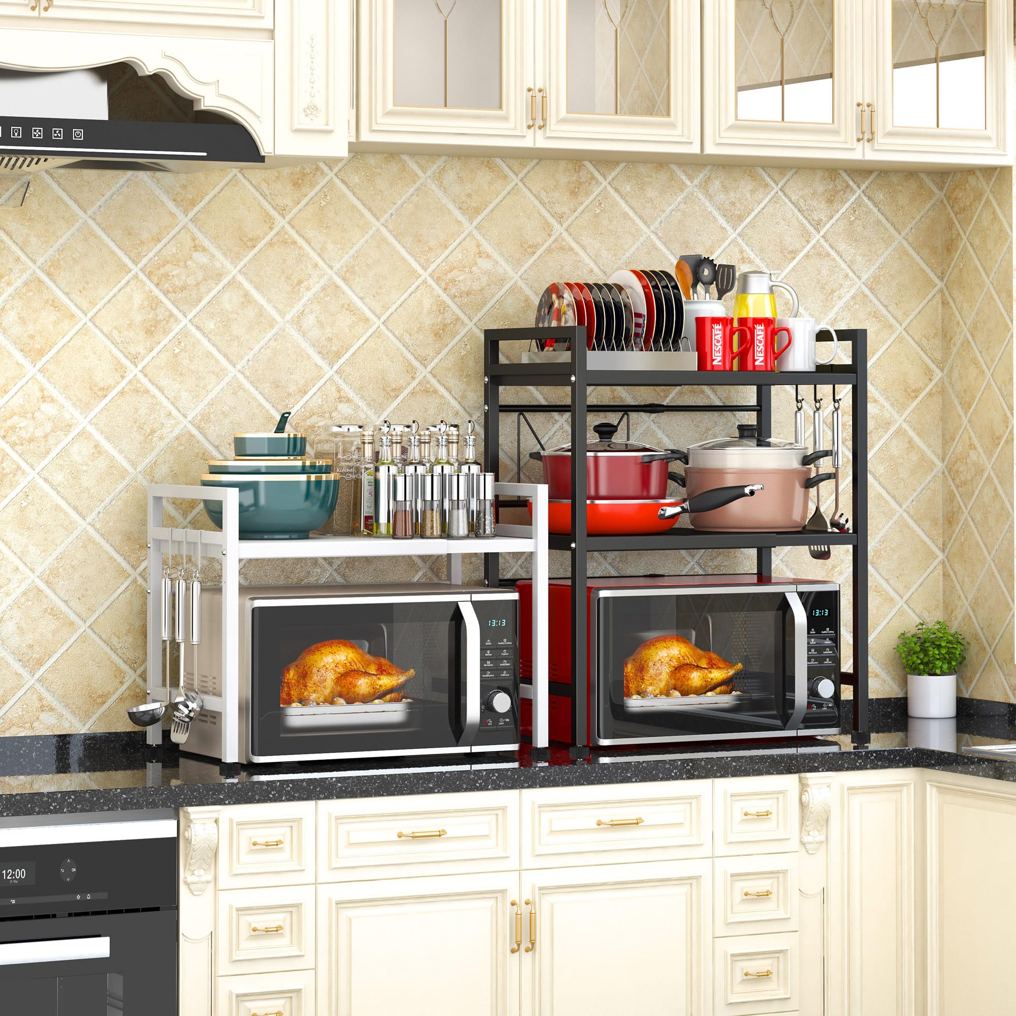 PUSDON 2-Tier Extendable Microwave Oven Rack - White | Space Saving Kitchen Organizer for Small Appliances | Perfect for Microwave Storage, Spice Racks & Countertop Organization