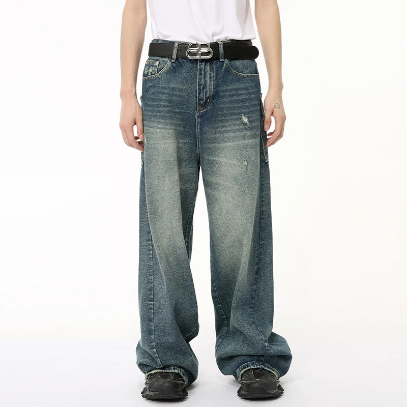 Vintage American Style Men's Distressed Denim Jeans - Loose Fit Straight Leg with Big Pockets, Relaxed Wide Leg Trousers for Casual Wear (9C6522) | Perfect for Streetwear, Urban Fashion & Everyday Comfort
