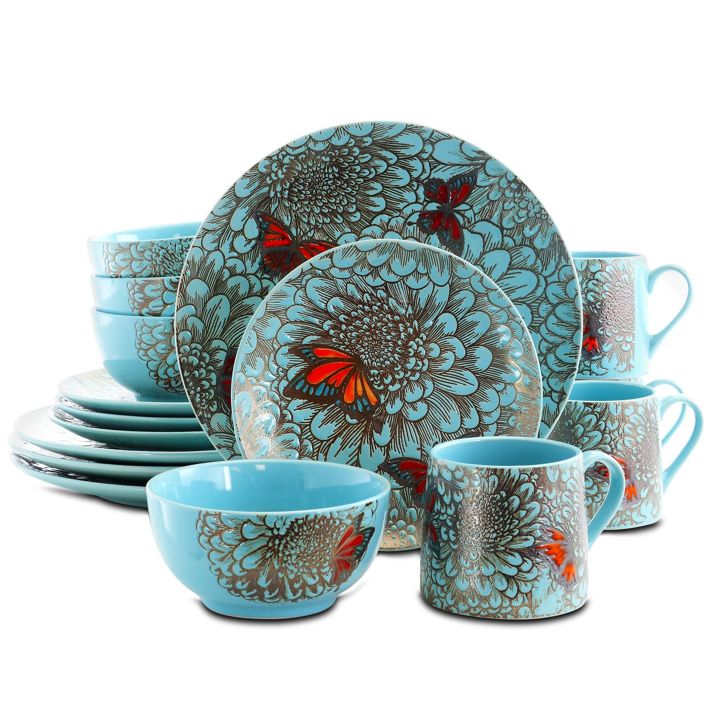 16-Piece Blue Floral Stoneware Dinnerware Set - Microwave & Dishwasher Safe Round Plates & Bowls for Casual Dining, Garden Parties & Everyday Use