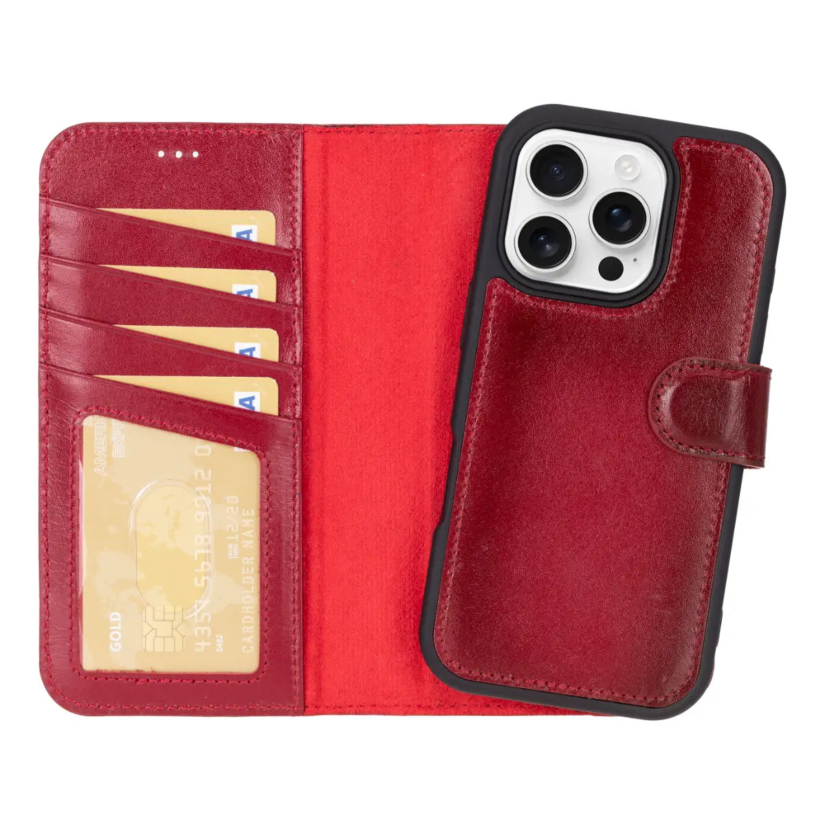 Premium Burnished Red Leather iPhone 17 Pro Wallet Case - Slim Protective Cover with Card Slots | Perfect for Business Travel, Everyday Use & Gift Giving