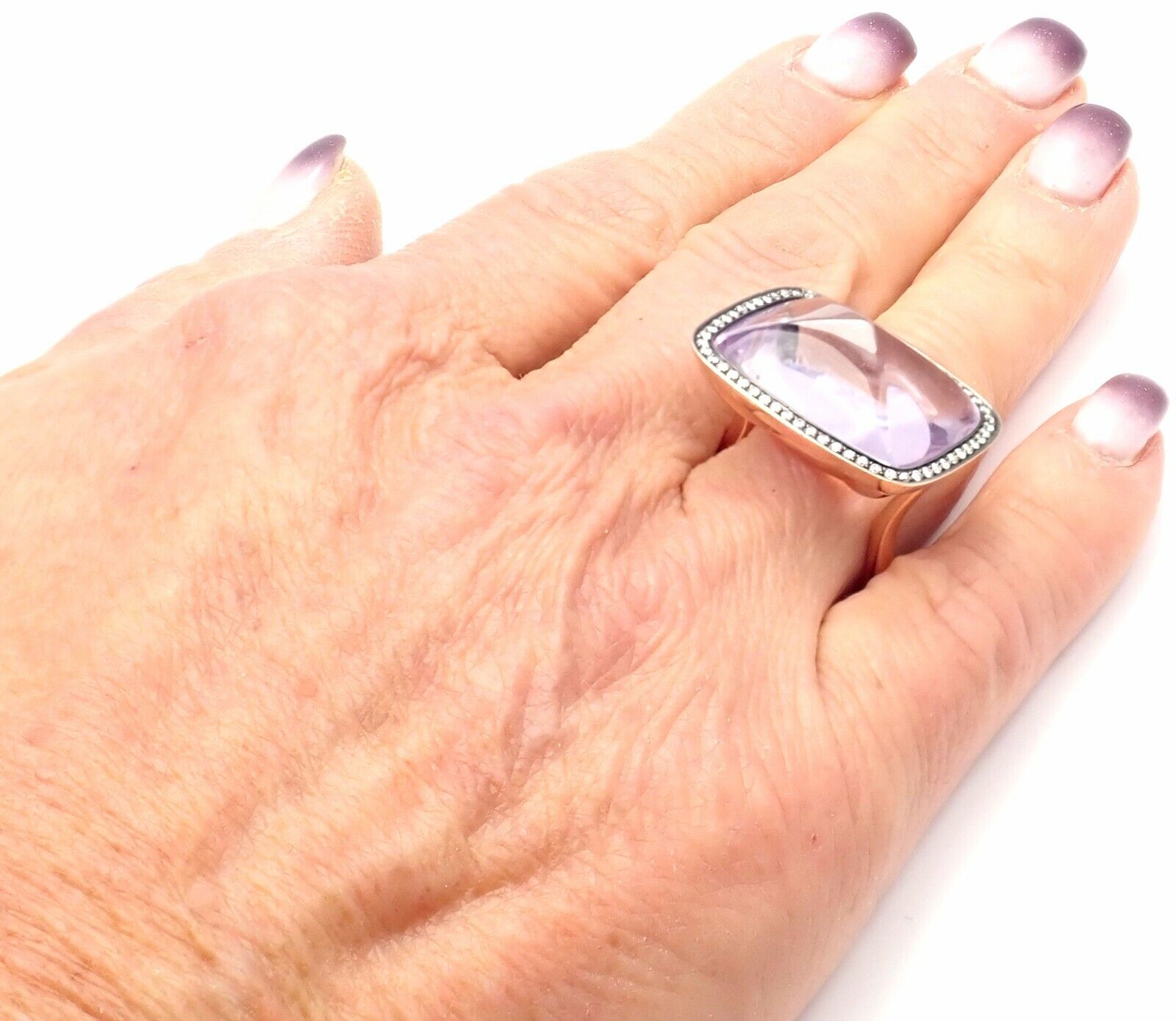 Authentic Hermes 18k Rose Gold Diamond Large Amethyst Ring - Luxury Jewelry for Women, Perfect for Weddings, Anniversaries & Special Occasions