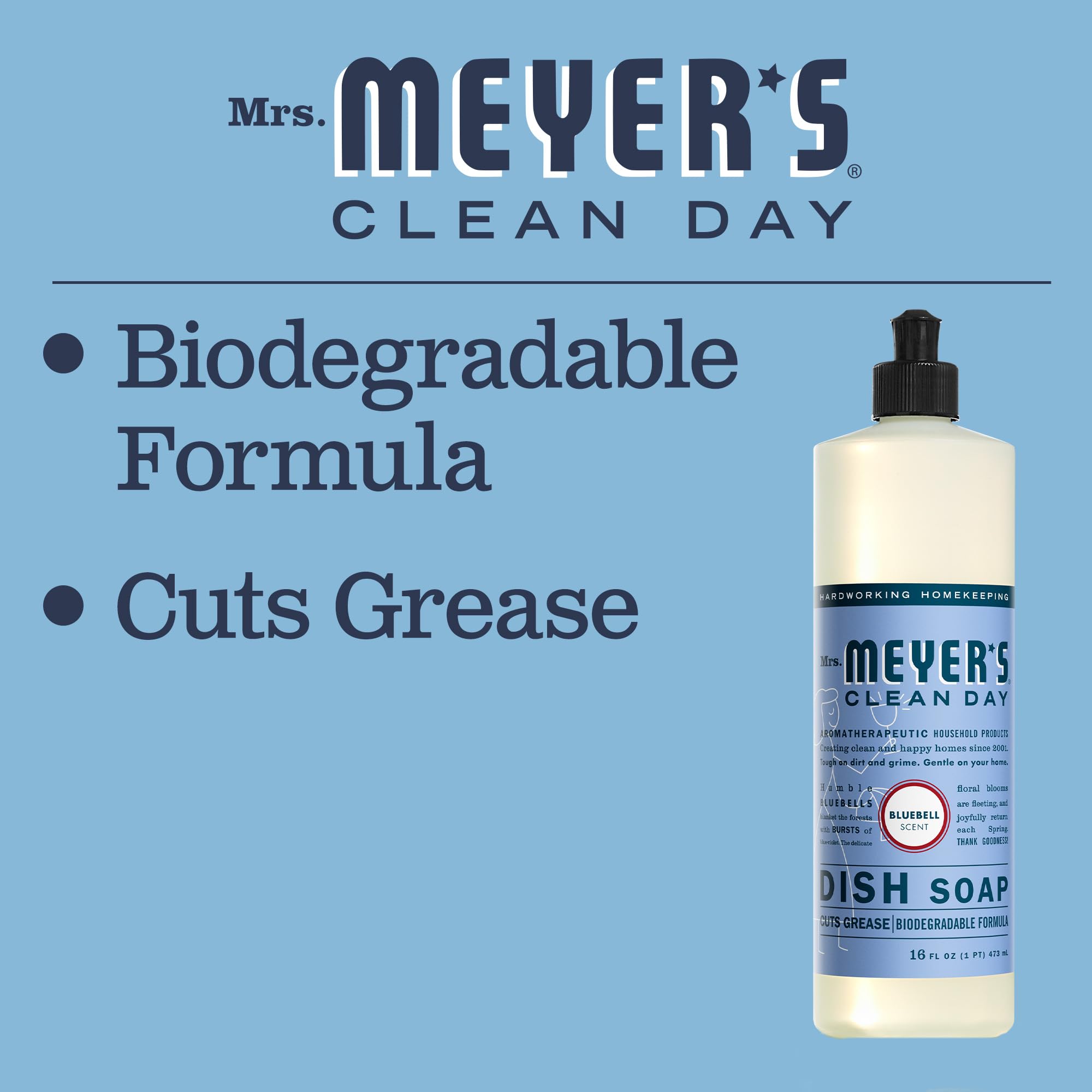 Mrs. Meyer's Clean Day Liquid Dish Soap - Bluebell Scent, 16 Fl Oz (Pack of 1) | Plant-Derived Formula for Gentle Handwashing | Perfect for Everyday Dishes, Greasy Pans & Delicate Glassware