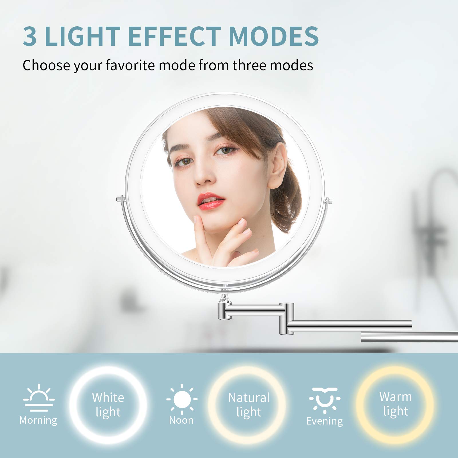 ALVOROG 8 Inch Rechargeable Wall Mounted LED Makeup Mirror - 3 Color Lighting, 1X/5X Magnifying, 360° Rotation, Smart Dimming & Auto Shutoff - Perfect for Bathroom Vanity, Dressing Room & Bedroom Makeup Station