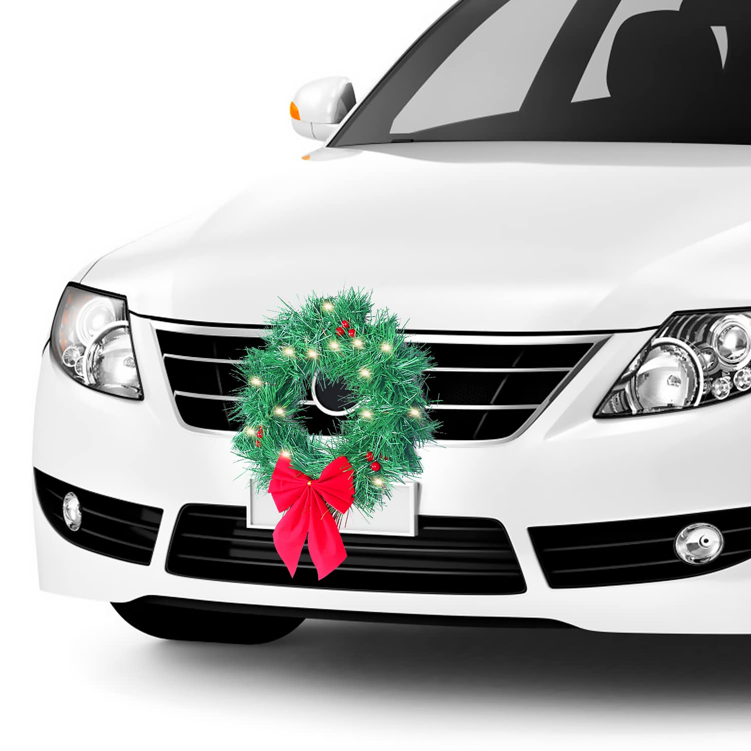 Christmas Car Decoration Wreath with Lights - Festive Holiday Auto Accessory for Car, Truck, SUV - Includes Mounting Kit - Perfect for Road Trips & Holiday Parades