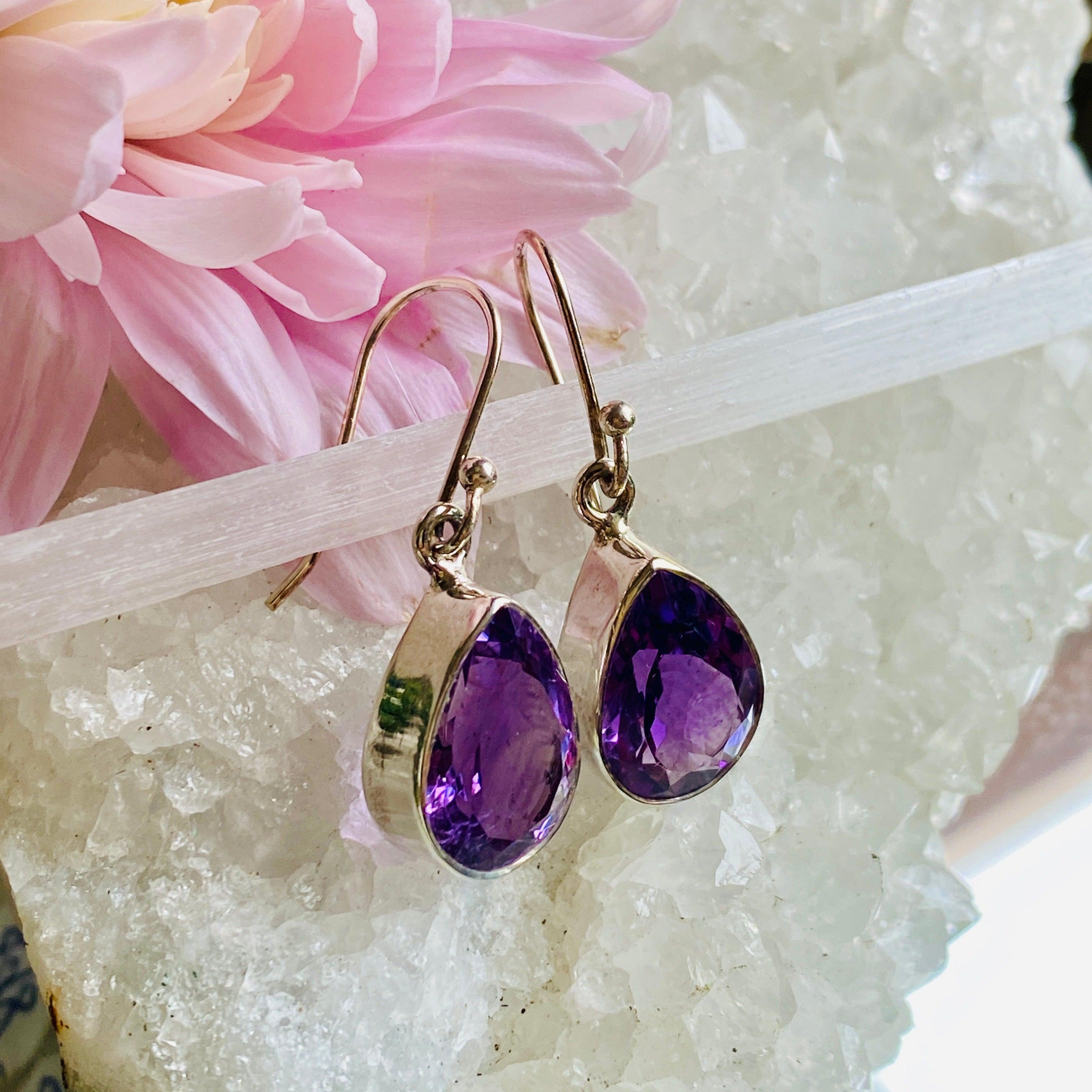 Amethyst Faceted Teardrop Earrings for Women - Elegant Purple Gemstone Dangle Earrings for Party, Wedding & Evening Wear - KEGJ806