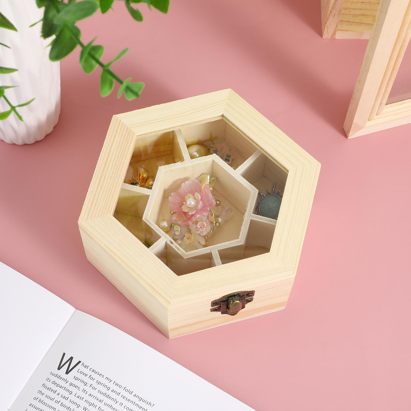 Healifty Unfinished Wooden Hexagon Jewelry Organizer Box - 7 Compartments Trinket Storage for Necklaces, Bracelets & Rings | Perfect for Bedroom Vanity, Travel Jewelry Case & Gift Packaging