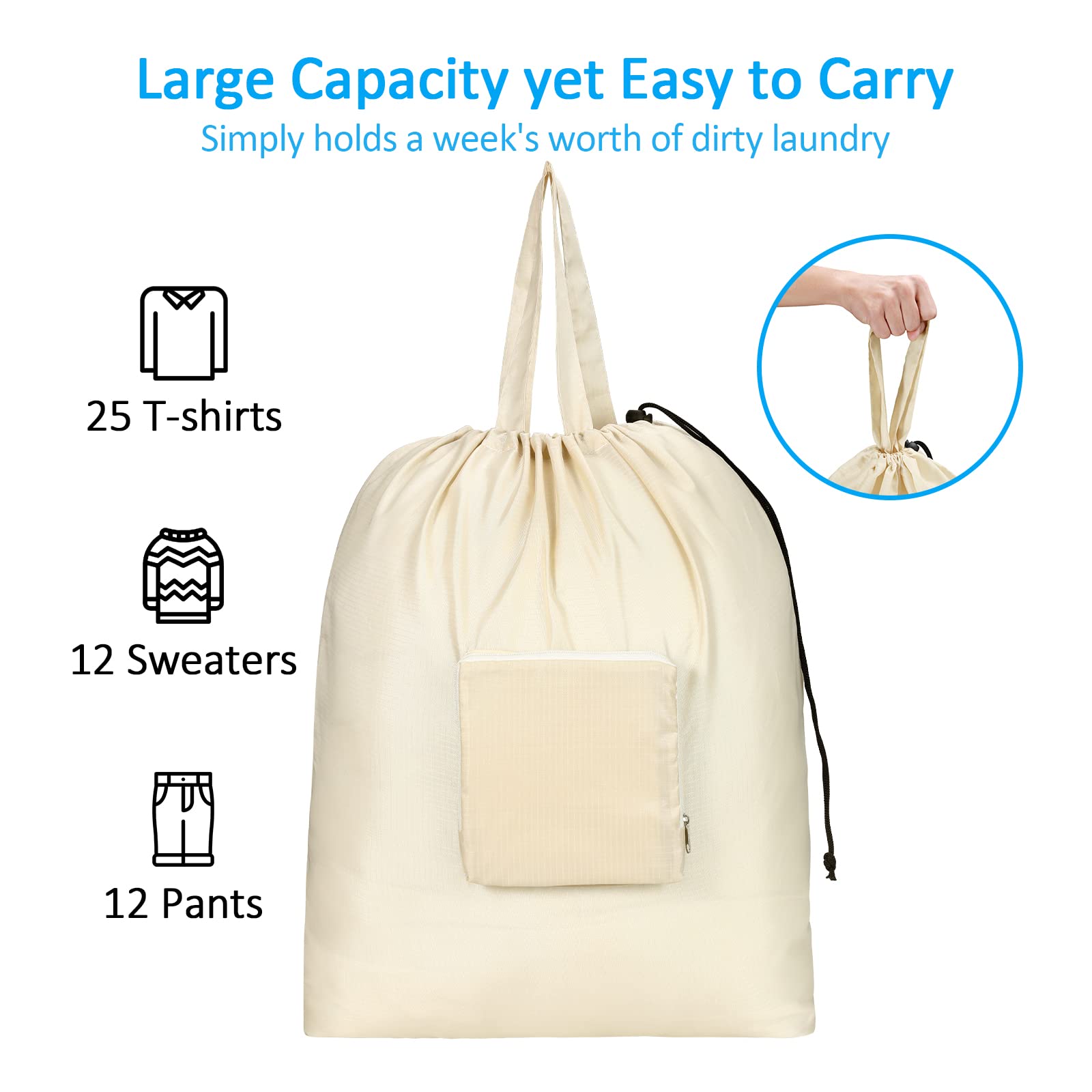GOGOODA XL Large Travel Laundry Bags with Drawstring Closure - Foldable Dirty Clothes Storage with Handle, Heavy Duty & Washable for College Dorm, Travel, Camping - 2 Pack Beige | Perfect for Organizing Laundry on Trips, in Dorms & Outdoor Adventures