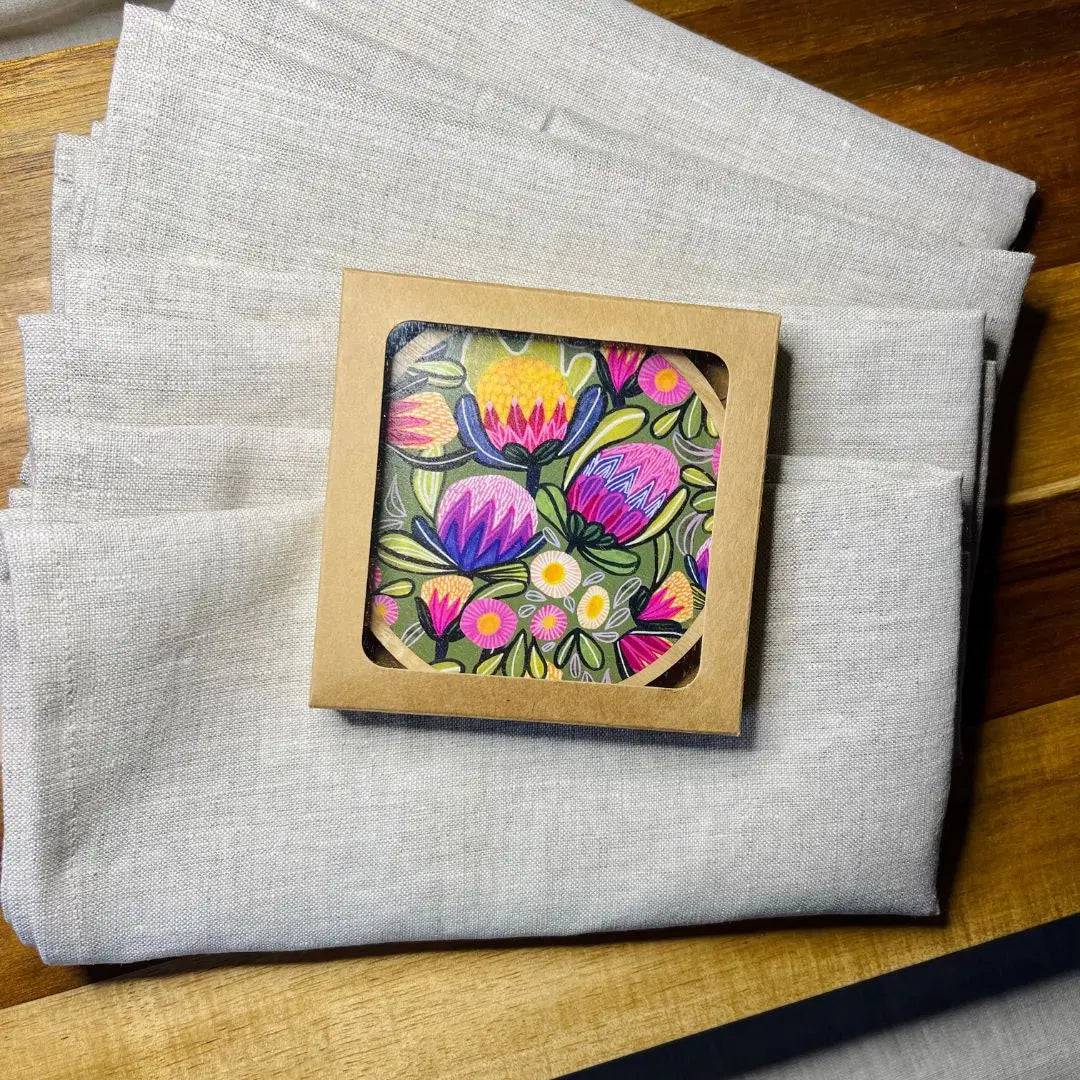 Premium Sugarbush Proteas Wooden Coaster Set with Napkins - Elegant Table Decor for Dining, Coffee Tables, and Home Entertaining