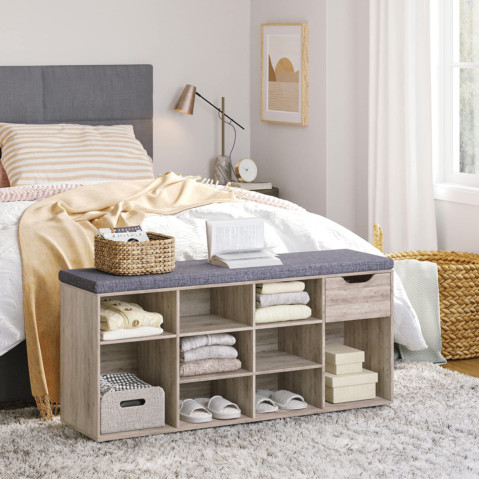 DINZI LVJ Shoe Bench with Drawer & 11 Cubbies - Adjustable Shelf Entryway Storage Bench | Shoe Organizer Cabinet for Living Room, Bedroom, Mudroom, Closet & Garage | Perfect for Small Space Organization & Entryway Decor (Greige)