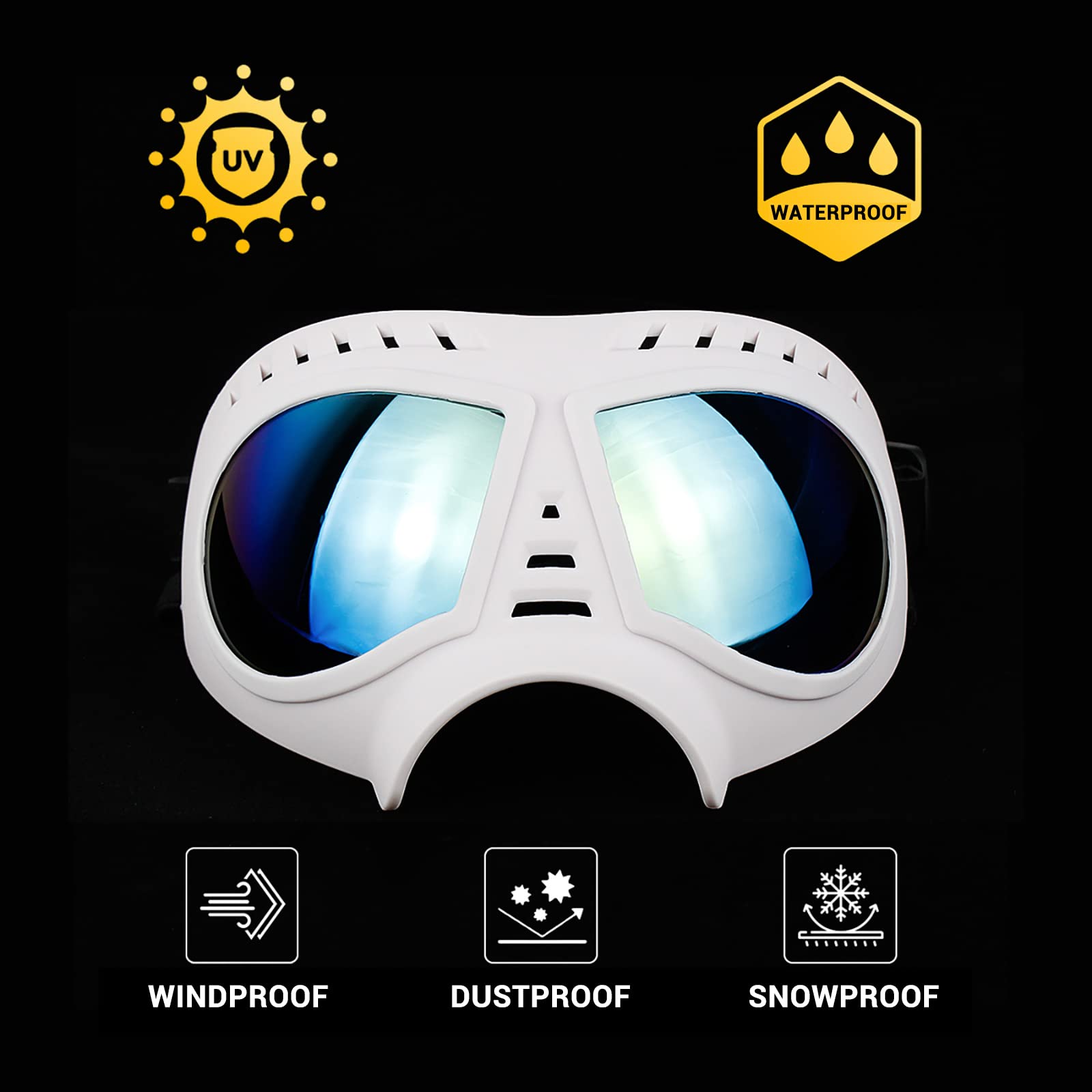Tactical Dog Goggles for Large Dogs - UV Protection Sunglasses with Soft Frame & Adjustable Strap for Summer Driving & Winter Snow - White Pet Eye Protection for Medium to Large Breed Dogs