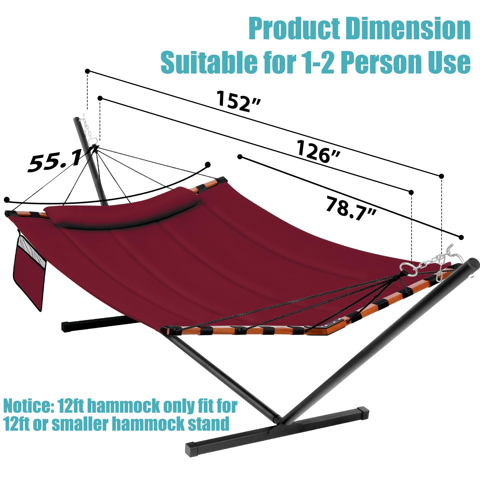 Premium 12FT 2-Person Hammock with Stand - 55 x 79IN Outdoor Hammock 450LB Capacity - Hardwood Spreader Bar & Durable Nylon Rope - Perfect for Backyard, Patio, Garden, Beach & Camping - Red Relaxation Hammock for Outdoor Lounging & Vacation Getaways