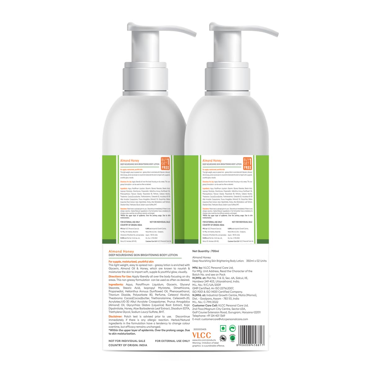 VLCC Almond Honey Deep Nourishing & Skin Brightening Body Lotion - 350ml x 2 | Moisturizing Cream with Almond Oil, Honey, Cocoa Butter & Aloe Vera | For Dry Skin, Dull Skin & Anti-Aging | Daily Hydration for Soft, Glowing & Youthful Skin | Perfect for Winter Care & Nighttime Moisturizing