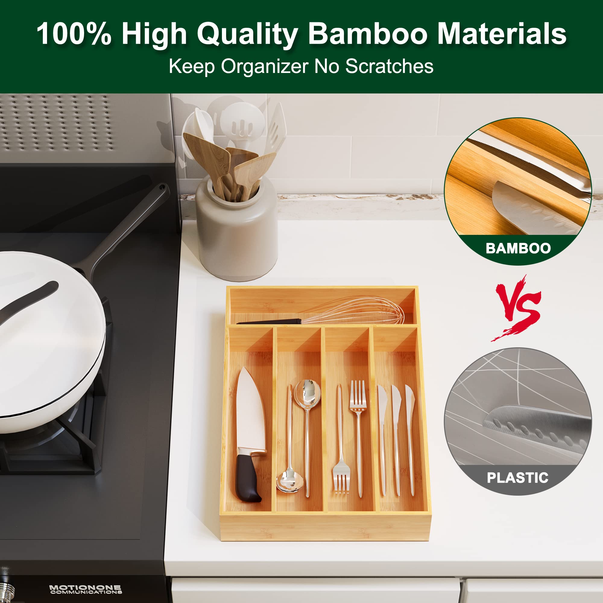 Bamboo Silverware Tray Organizer - 10 Inch 5-Compartment Drawer Utensil Holder for Kitchen, Cutlery & Flatware Storage - Perfect for Narrow Drawers, Small Kitchen Spaces & Dining Room Organization