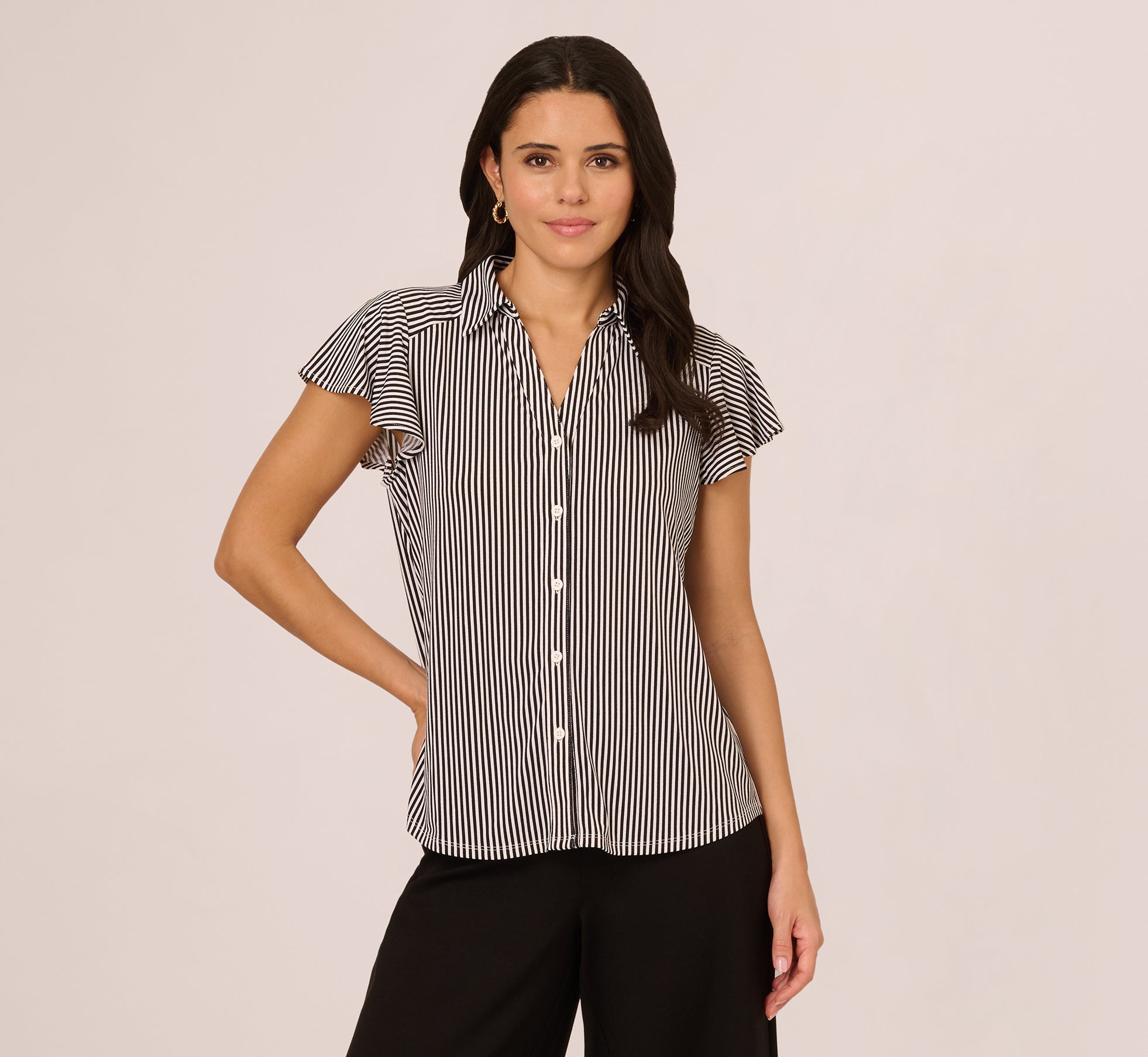 Flutter Sleeve Button Front Printed Blouse - Black Ivory Small Stripe Women's Casual Top for Work, Date Night & Spring Outfits