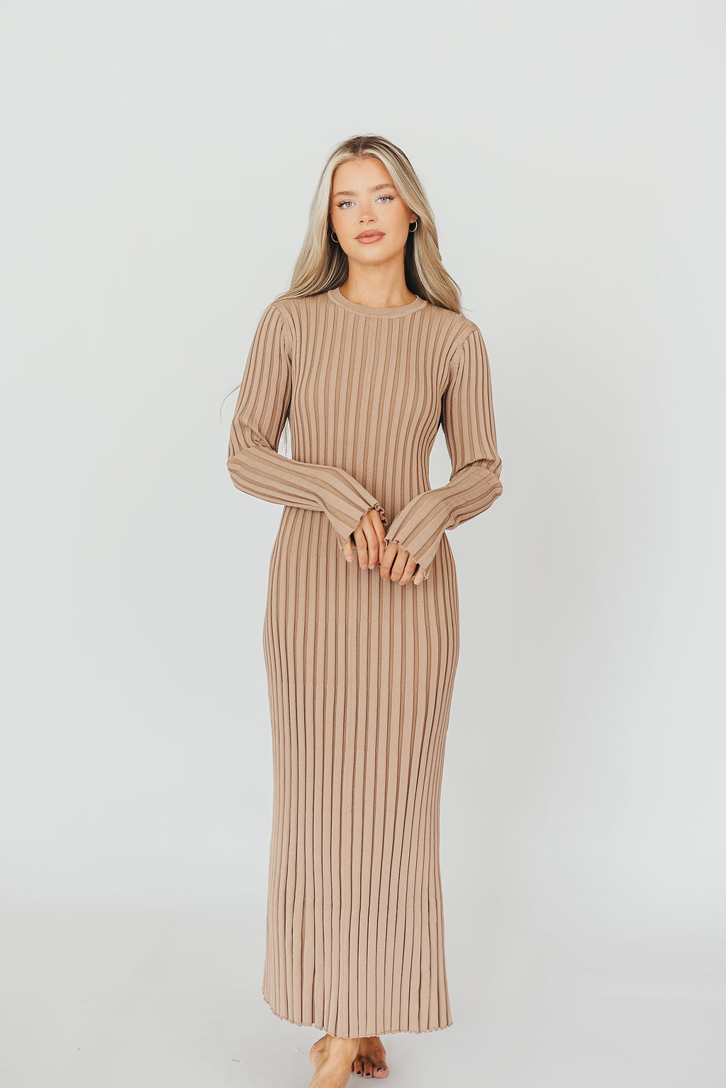 Colette Premium Long Sleeved Ribbed Knit Maxi Dress in Dark Natural - Bump Friendly Maternity Dress for Pregnancy, Nursing & Postpartum | Elegant & Comfortable for Work, Date Night & Special Occasions