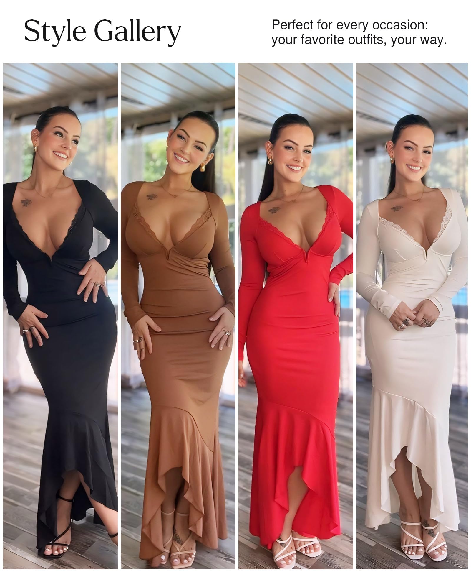 Popilush Women's Long Sleeve Cocktail Dress with Shapewear | Tummy Control Party Gown | Deep V Neck Lace Mermaid Maxi Dress for Evening Events, Weddings & Special Occasions