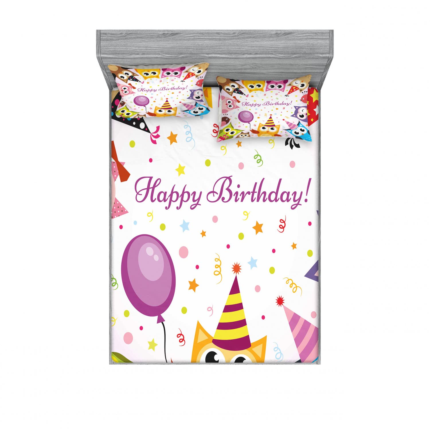 Ambesonne 2-Pack Queen Size Birthday Party Bedding Set - Owl Print Fitted Sheets & Pillow Shams (4-Piece Multicolor) for Kids Room Decor, Themed Sleepovers & Fun Birthday Celebrations