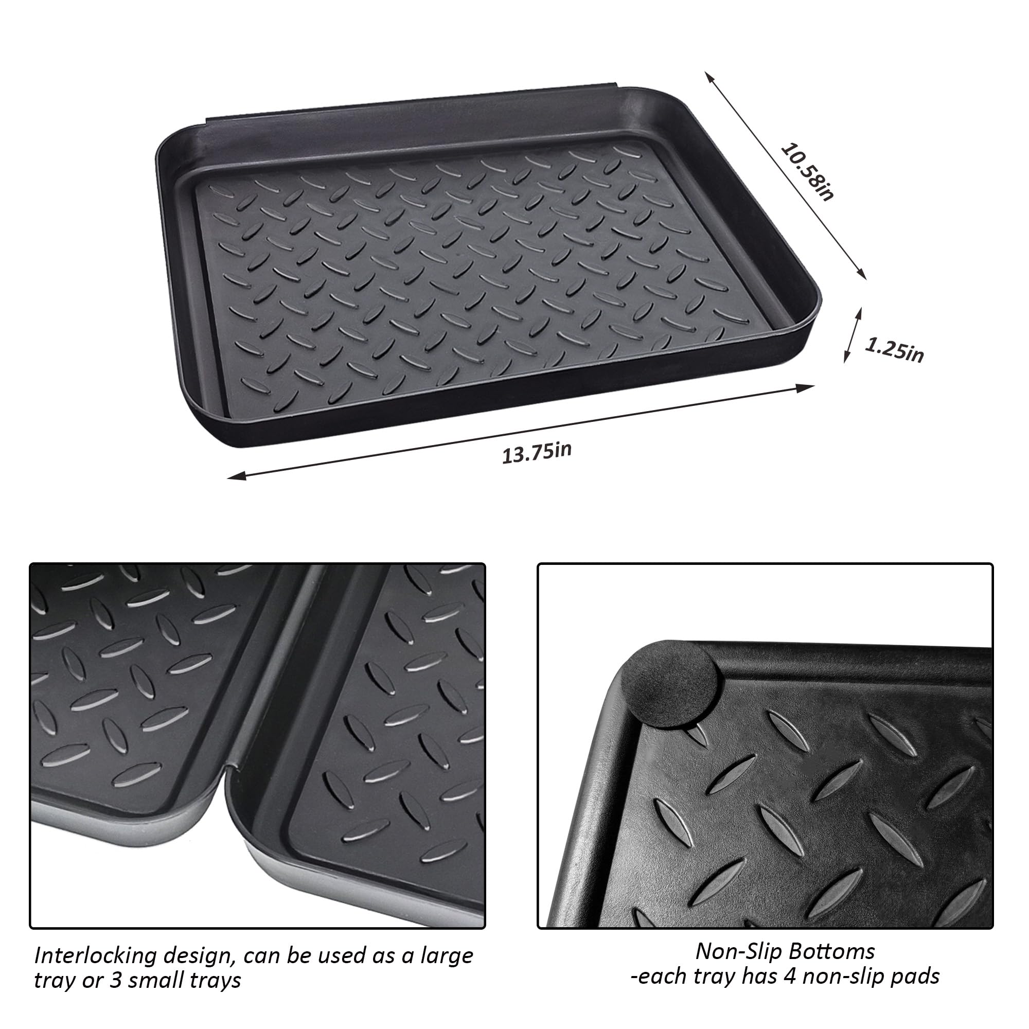 3-Pack Plastic Boot Trays for Entryway - Non-Slip Shoe Mats for Mudroom & Indoor Floor Protection (13.7x10.8 in) - Keep Floors Dry & Clean